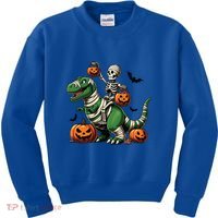 Skeleton Riding Mummy Dinosaur T Rex Halloween Funny Pumpkin Gift Kids Sweatshirt thumb 0