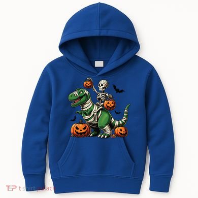 Skeleton Riding Mummy Dinosaur T Rex Halloween Funny Pumpkin Gift Kids Hoodie