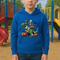 Skeleton Riding Mummy Dinosaur T Rex Halloween Funny Pumpkin Gift Kids Hoodie thumb 2