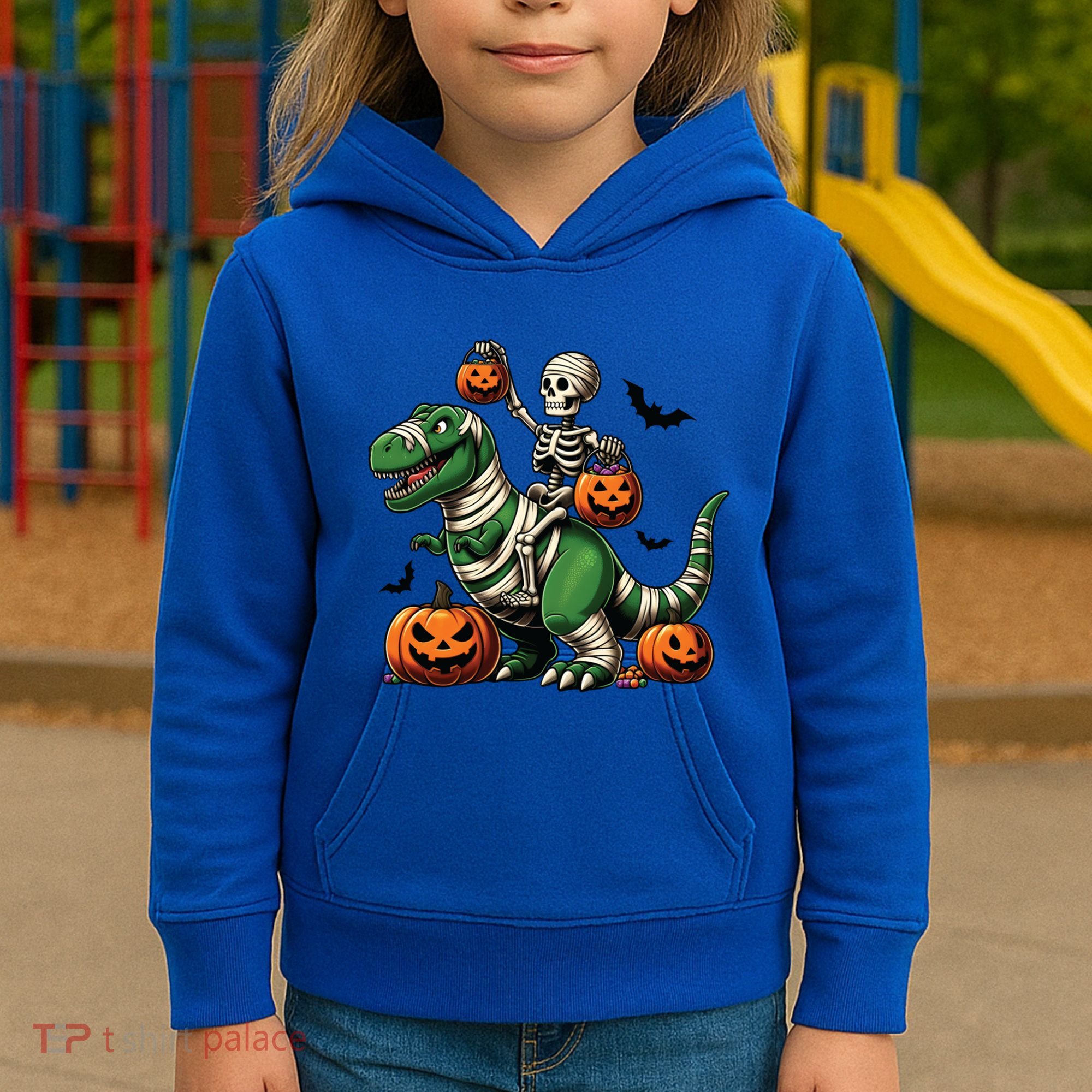 Skeleton Riding Mummy Dinosaur T Rex Halloween Funny Pumpkin Gift Kids Hoodie