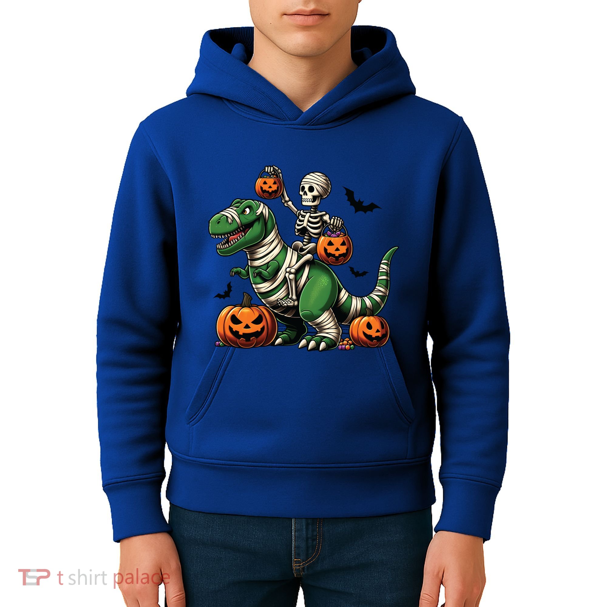 Skeleton Riding Mummy Dinosaur T Rex Halloween Funny Pumpkin Gift Kids Hoodie