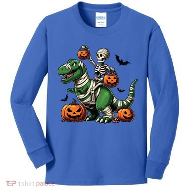 Skeleton Riding Mummy Dinosaur T Rex Halloween Funny Pumpkin Gift Kids Long Sleeve Shirt