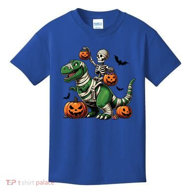 Skeleton Riding Mummy Dinosaur T Rex Halloween Funny Pumpkin Gift Kids T-Shirt