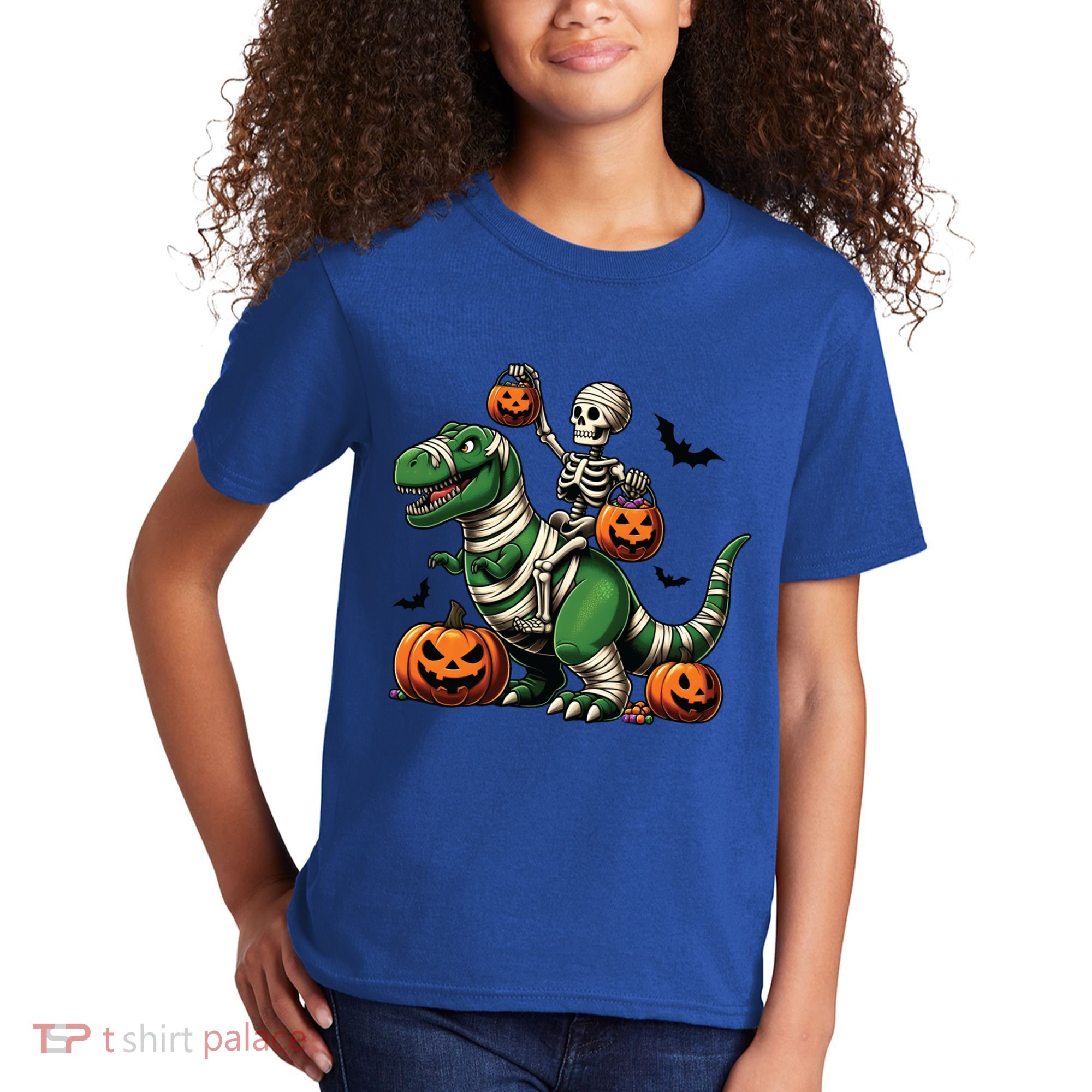 Skeleton Riding Mummy Dinosaur T Rex Halloween Funny Pumpkin Gift Kids T-Shirt