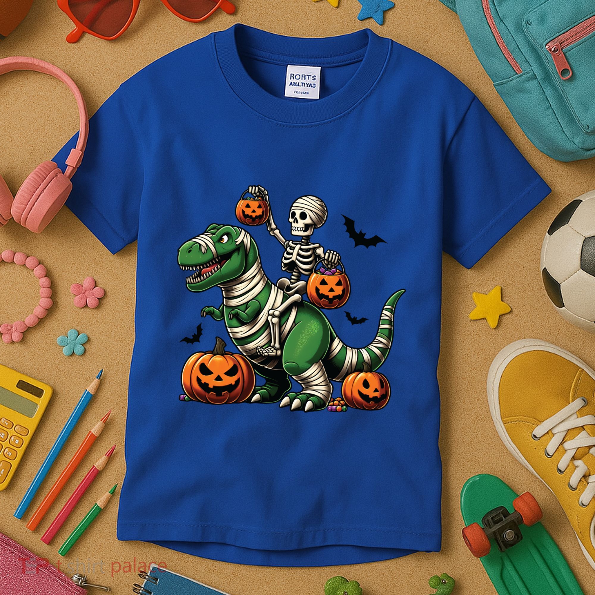 Skeleton Riding Mummy Dinosaur T Rex Halloween Funny Pumpkin Gift Kids T-Shirt