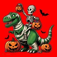 Skeleton Riding Mummy Dinosaur T Rex Halloween Funny Pumpkin Gift Santa Hat thumb 1