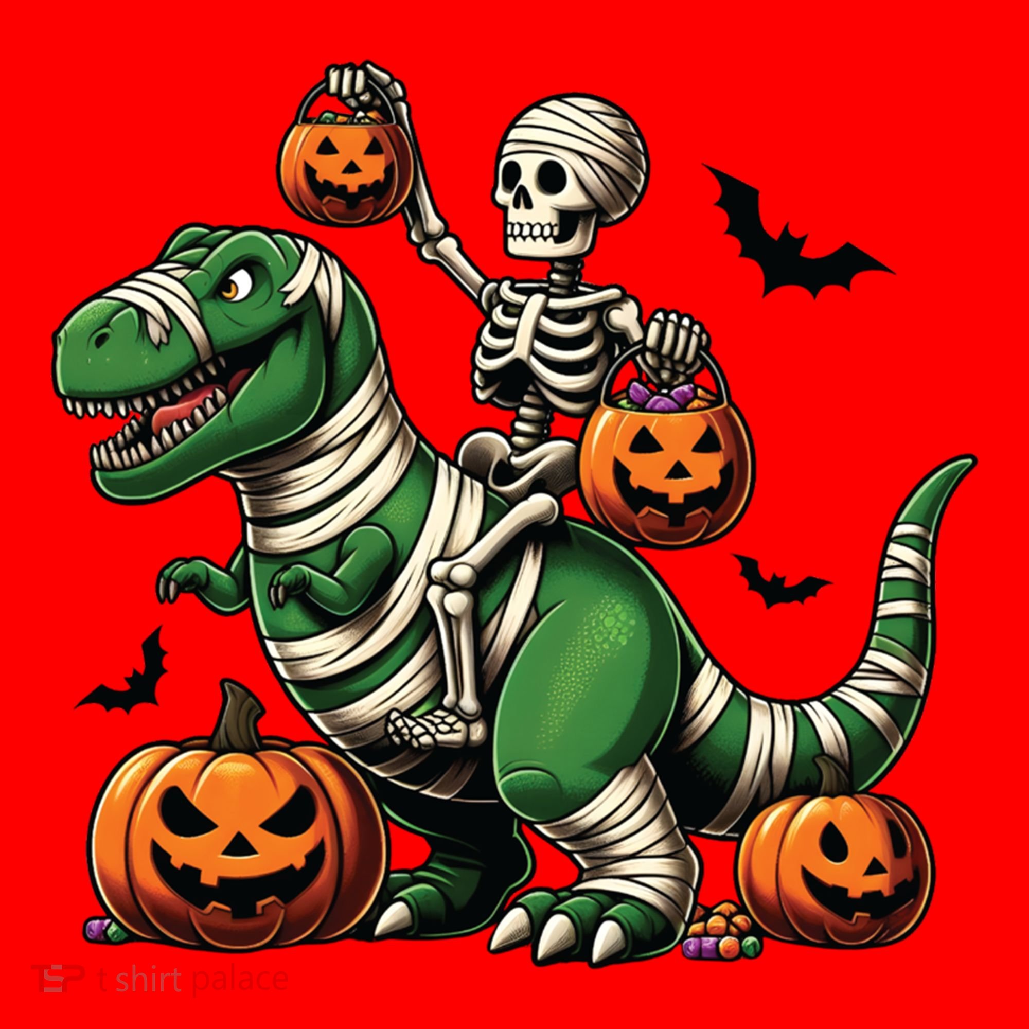 Skeleton Riding Mummy Dinosaur T Rex Halloween Funny Pumpkin Gift Santa Hat