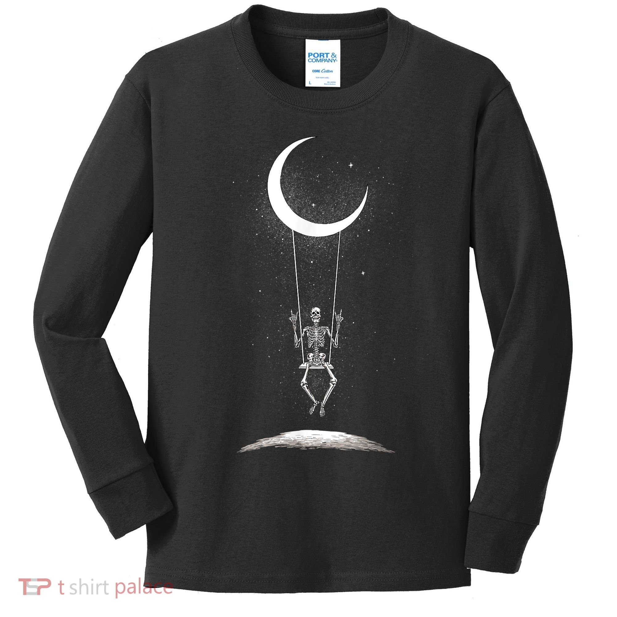 Skeleton Rock On Moon Spooky Halloween Rock Band Concerts Kids Long Sleeve Shirt