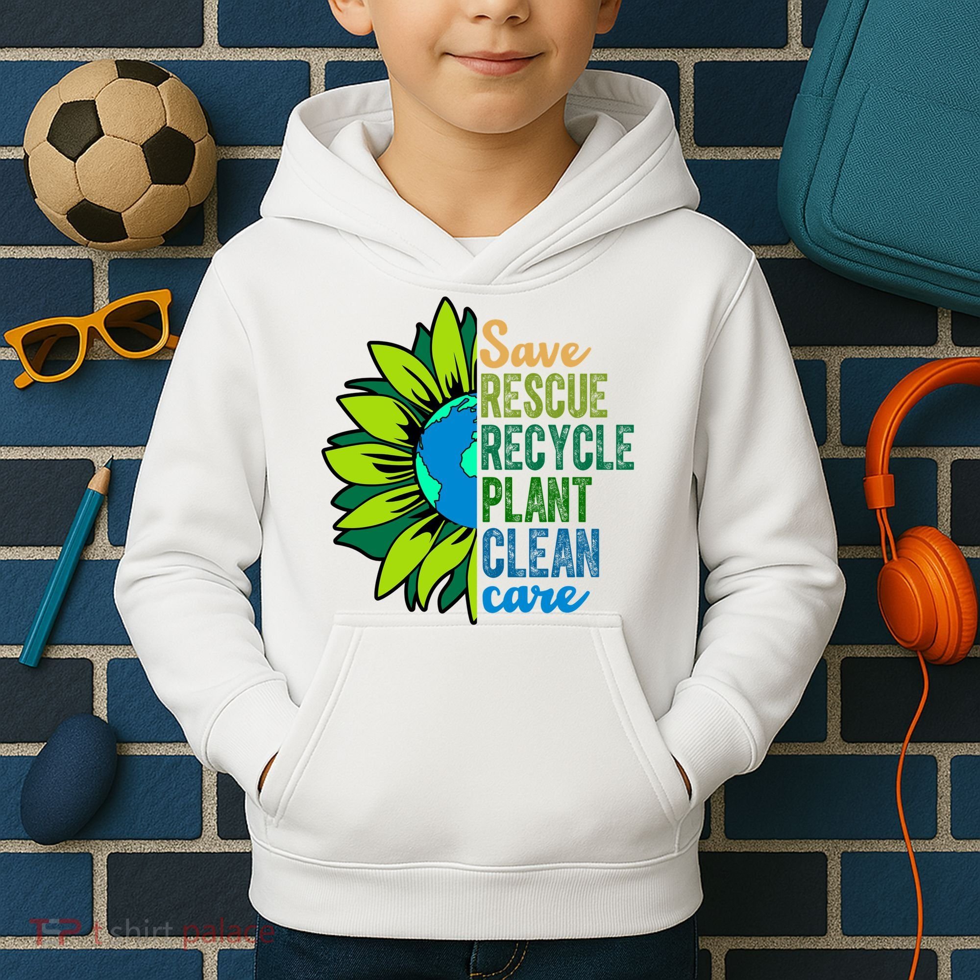 Save Rescue Recycle Plant Clean Care Earth Day Kids Hoodie