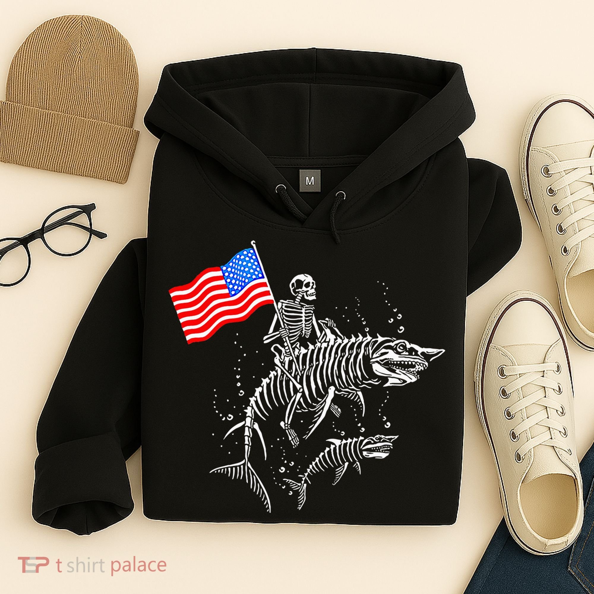 Skeleton Ride Shark 4th Of July Hoodie