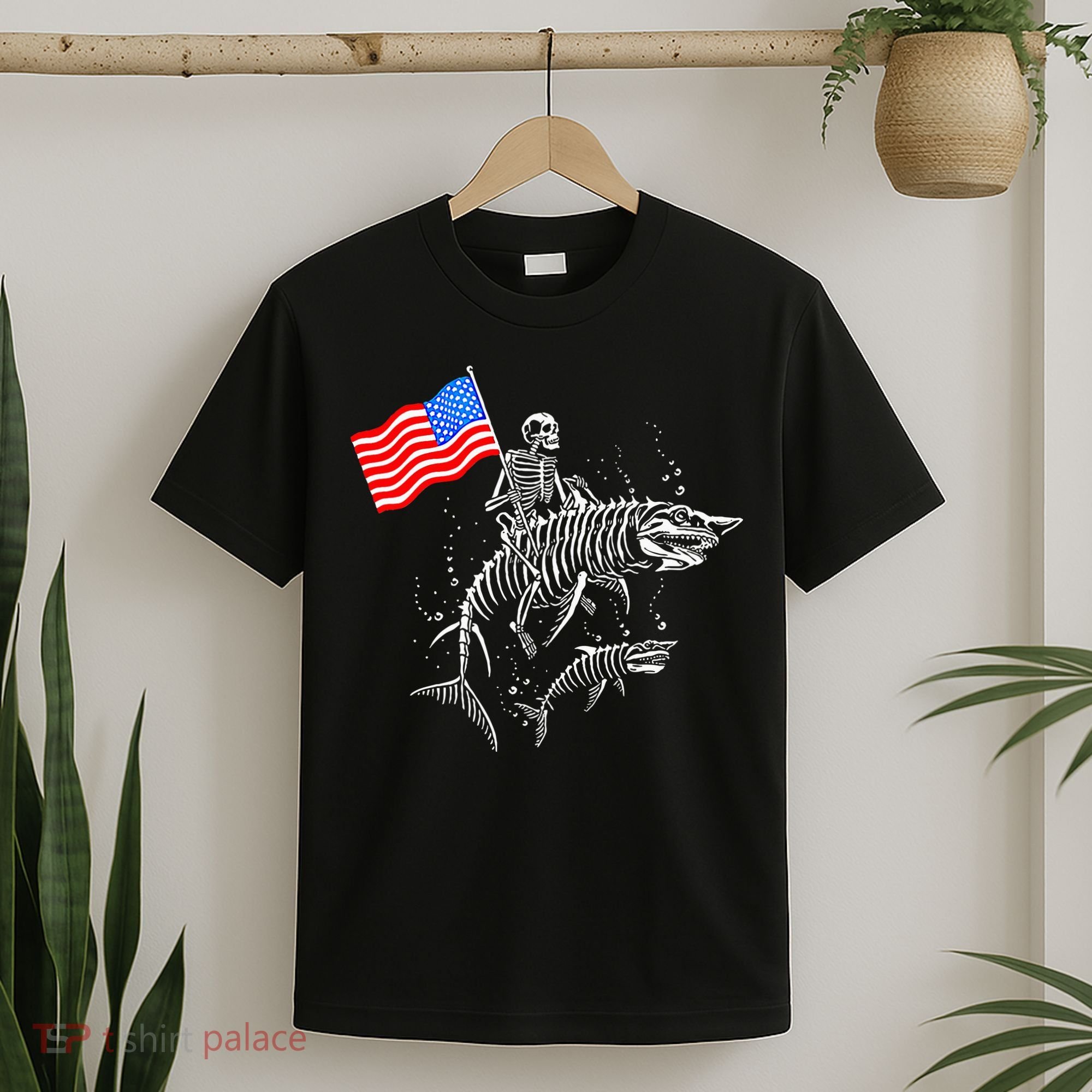 Skeleton Ride Shark 4th Of July T-Shirt