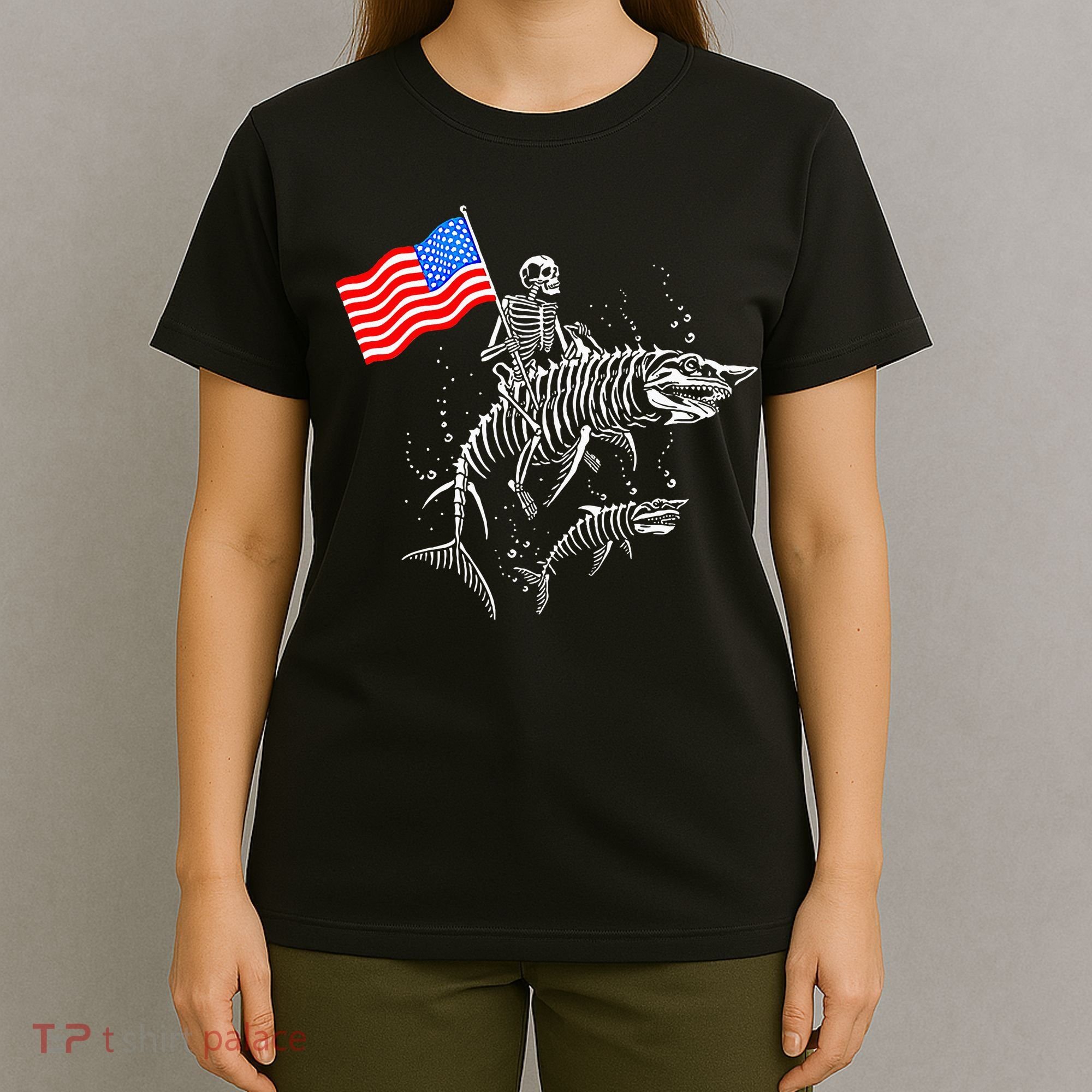 Skeleton Ride Shark 4th Of July T-Shirt