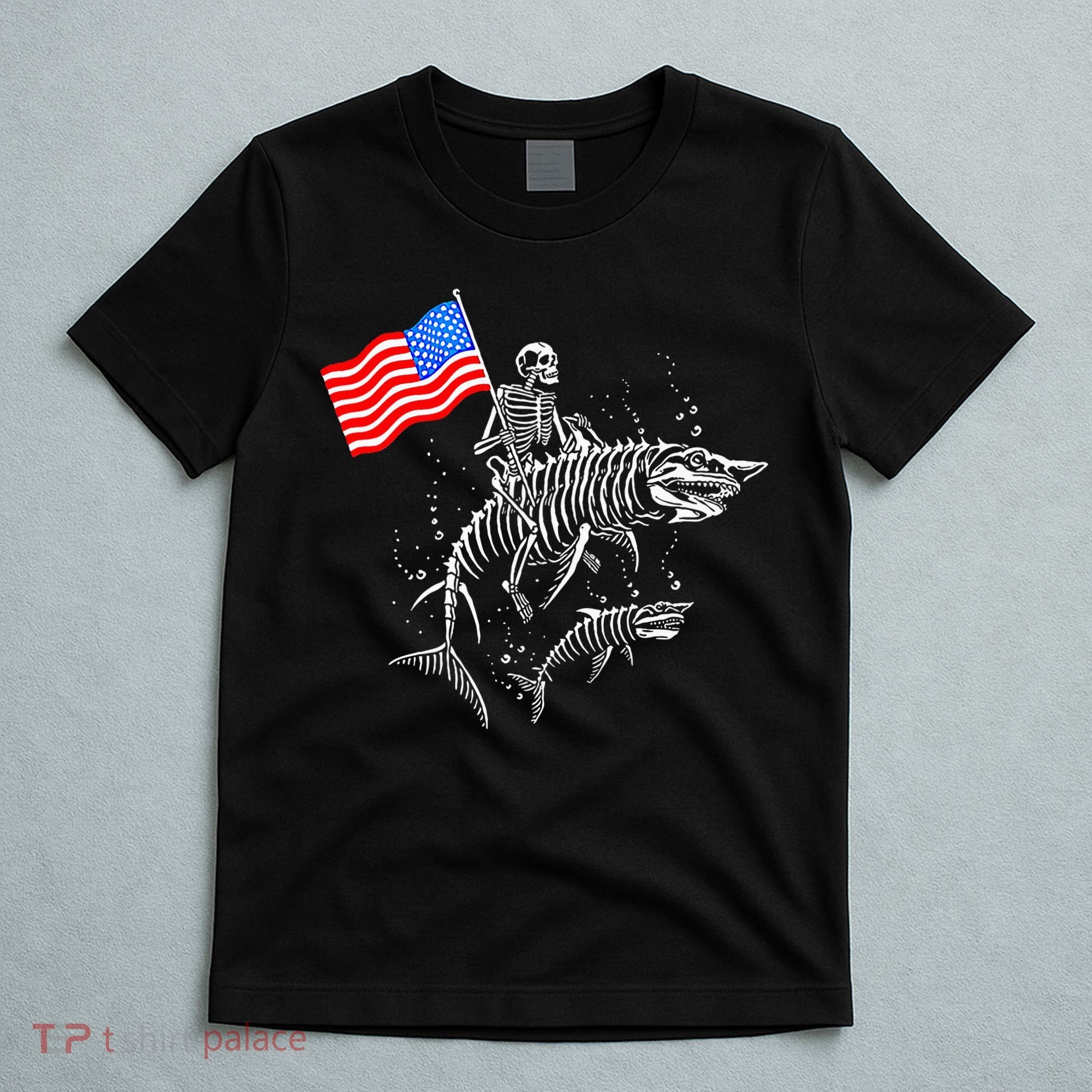 Skeleton Ride Shark 4th Of July T-Shirt