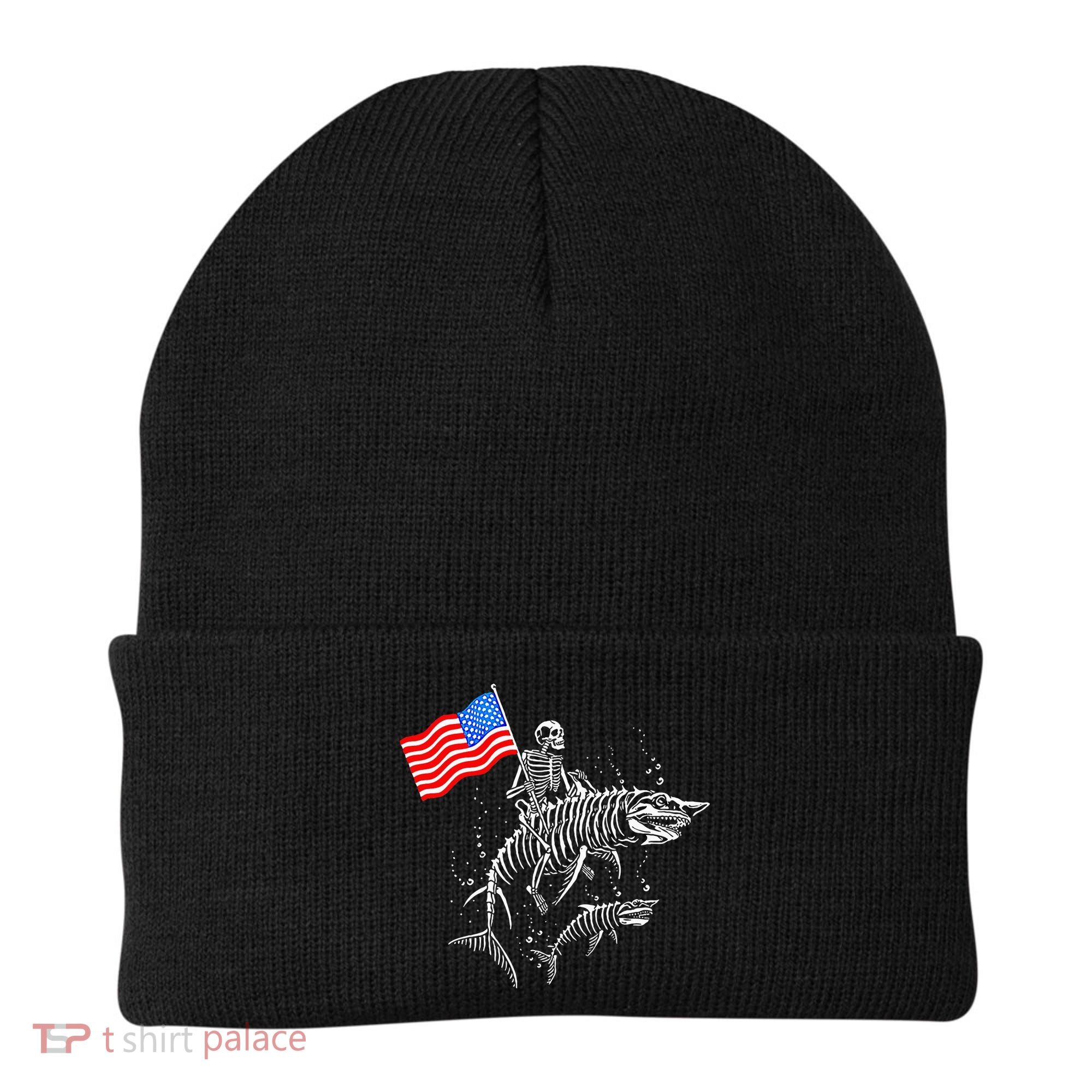 Skeleton Ride Shark 4th Of July Beanie
