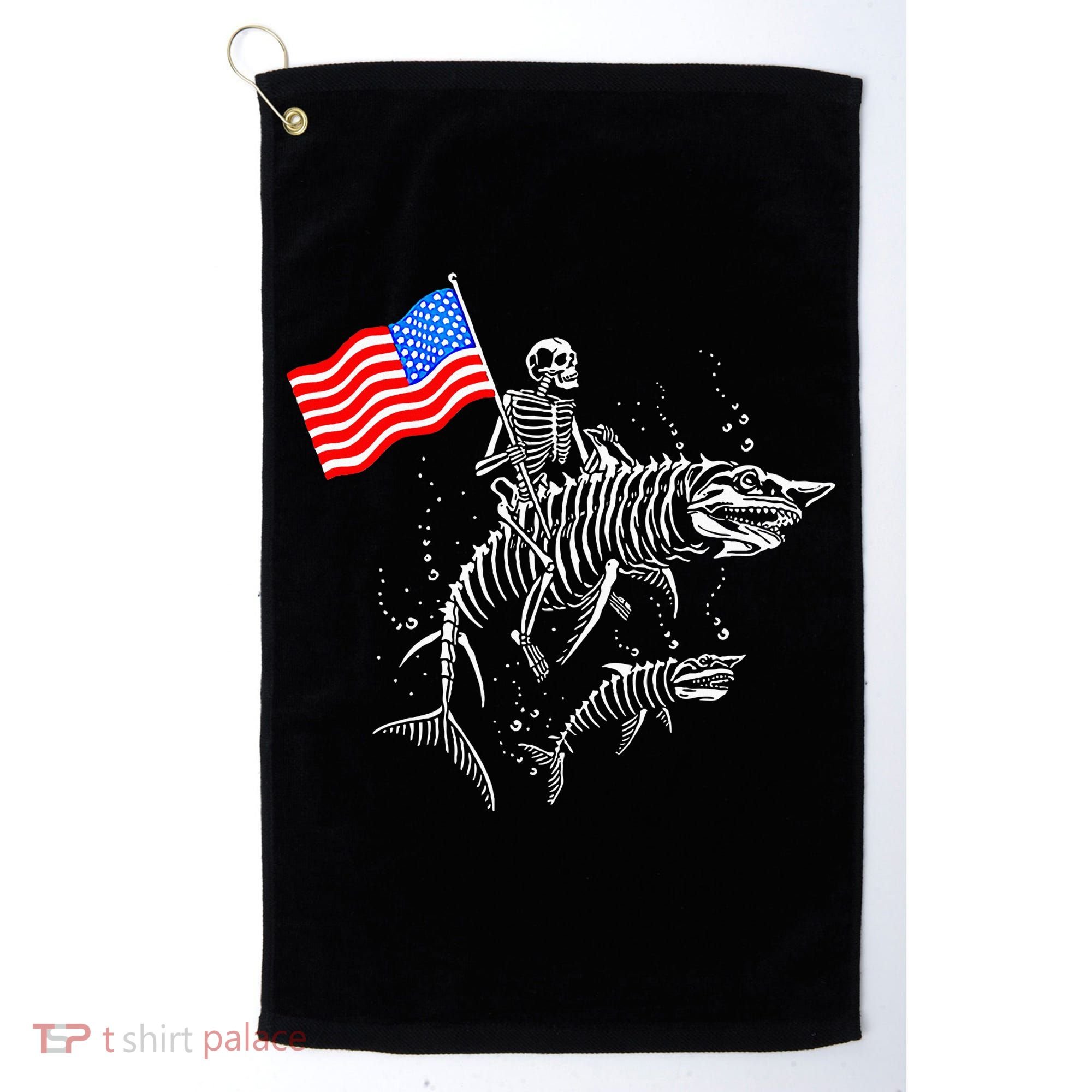 Skeleton Ride Shark 4th Of July Golf Towel