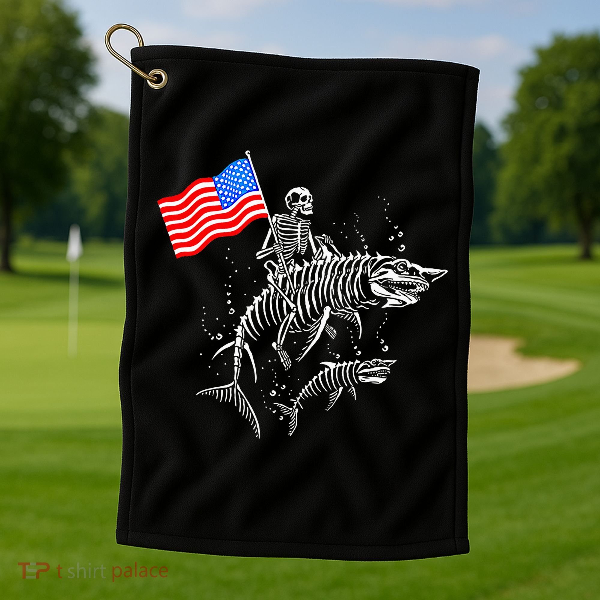 Skeleton Ride Shark 4th Of July Golf Towel