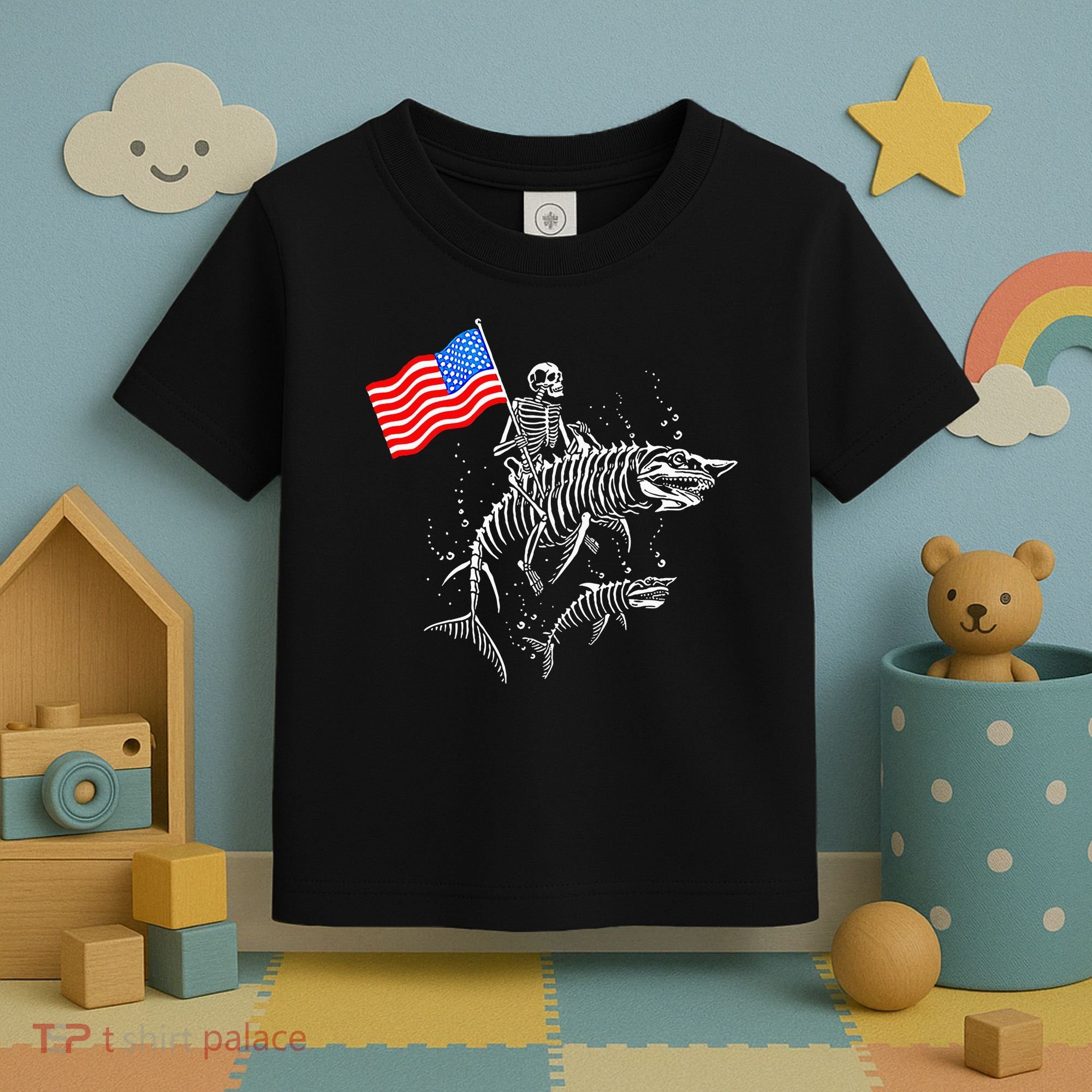 Skeleton Ride Shark 4th Of July Toddler T-Shirt