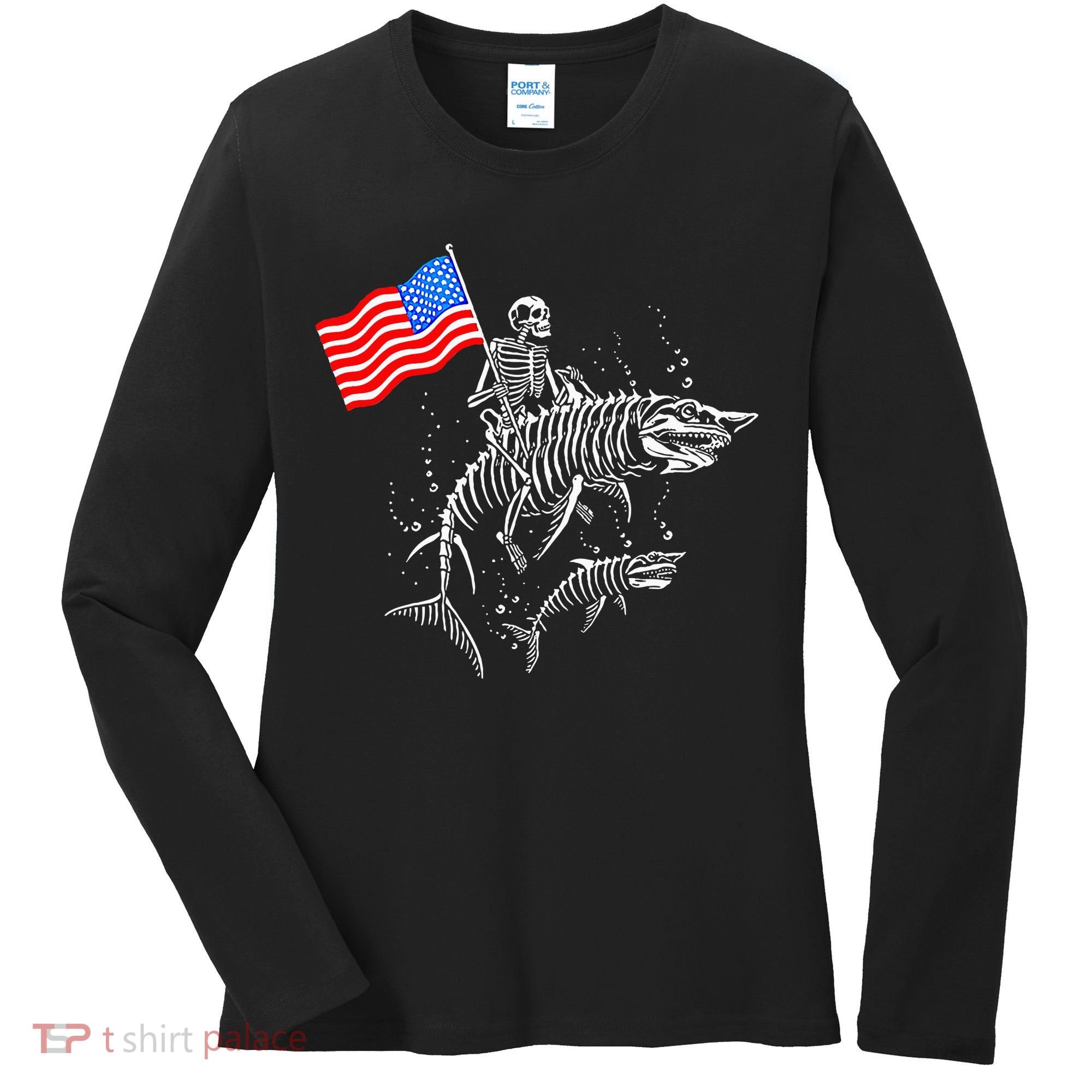 Skeleton Ride Shark 4th Of July Women's Long Sleeve Shirt