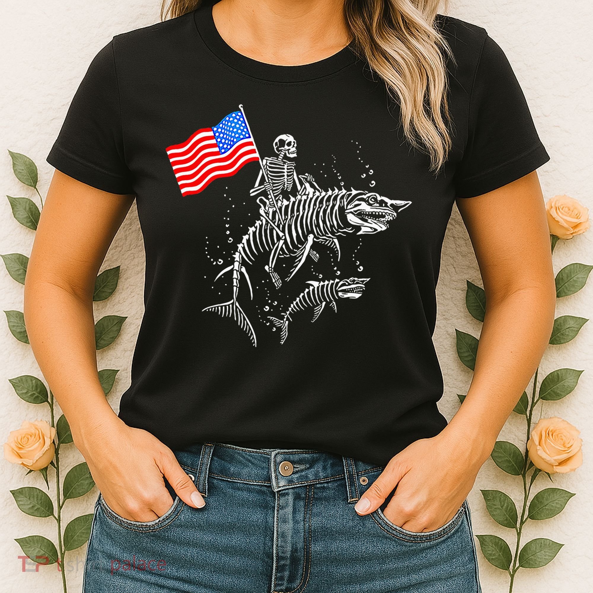 Skeleton Ride Shark 4th Of July Women's T-Shirt