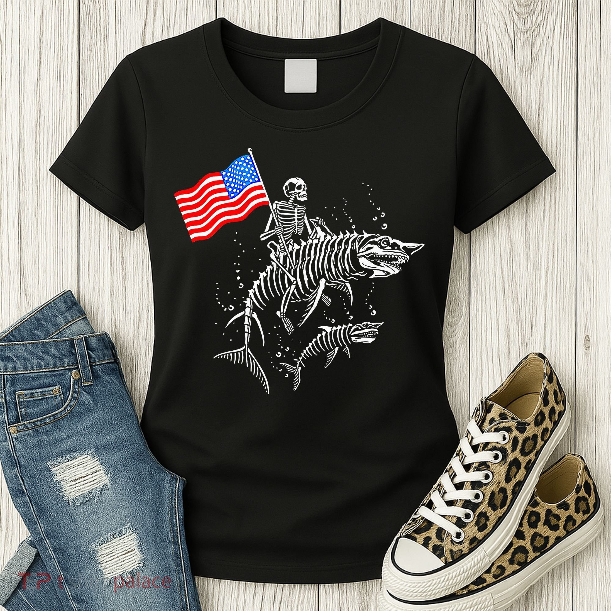 Skeleton Ride Shark 4th Of July Women's T-Shirt