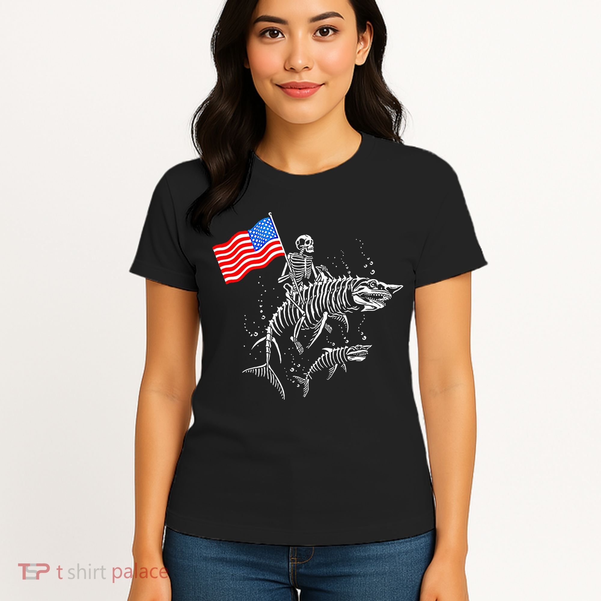 Skeleton Ride Shark 4th Of July Women's T-Shirt