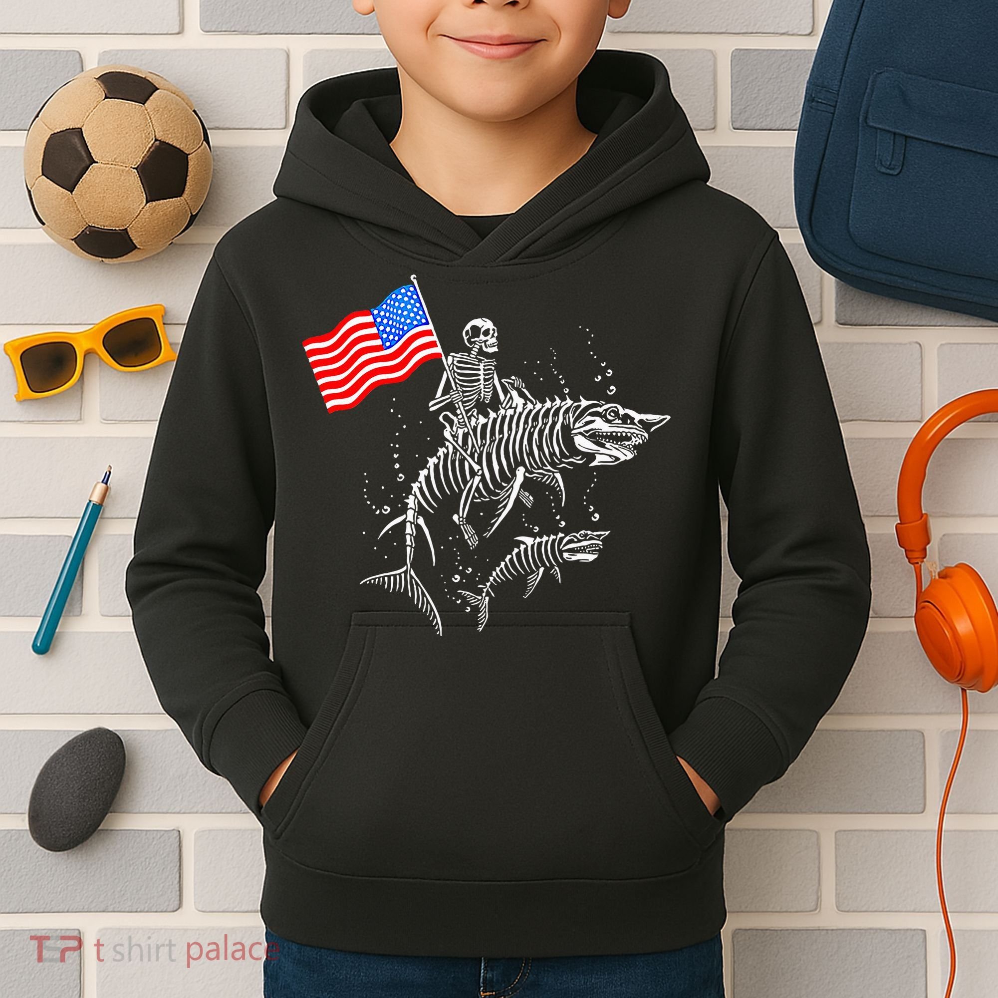 Skeleton Ride Shark 4th Of July Kids Hoodie