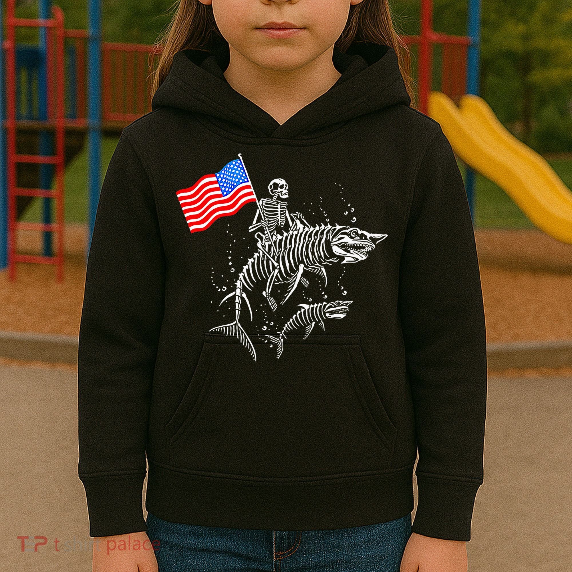 Skeleton Ride Shark 4th Of July Kids Hoodie