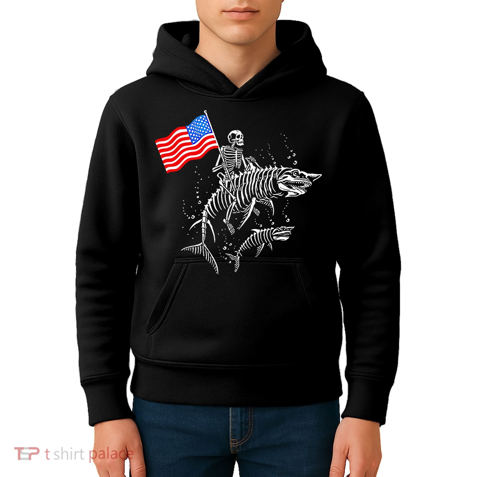 Skeleton Ride Shark 4th Of July Kids Hoodie