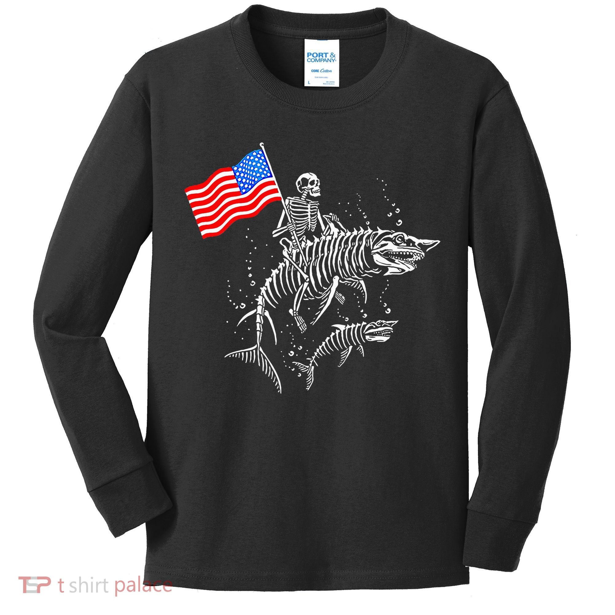 Skeleton Ride Shark 4th Of July Kids Long Sleeve Shirt