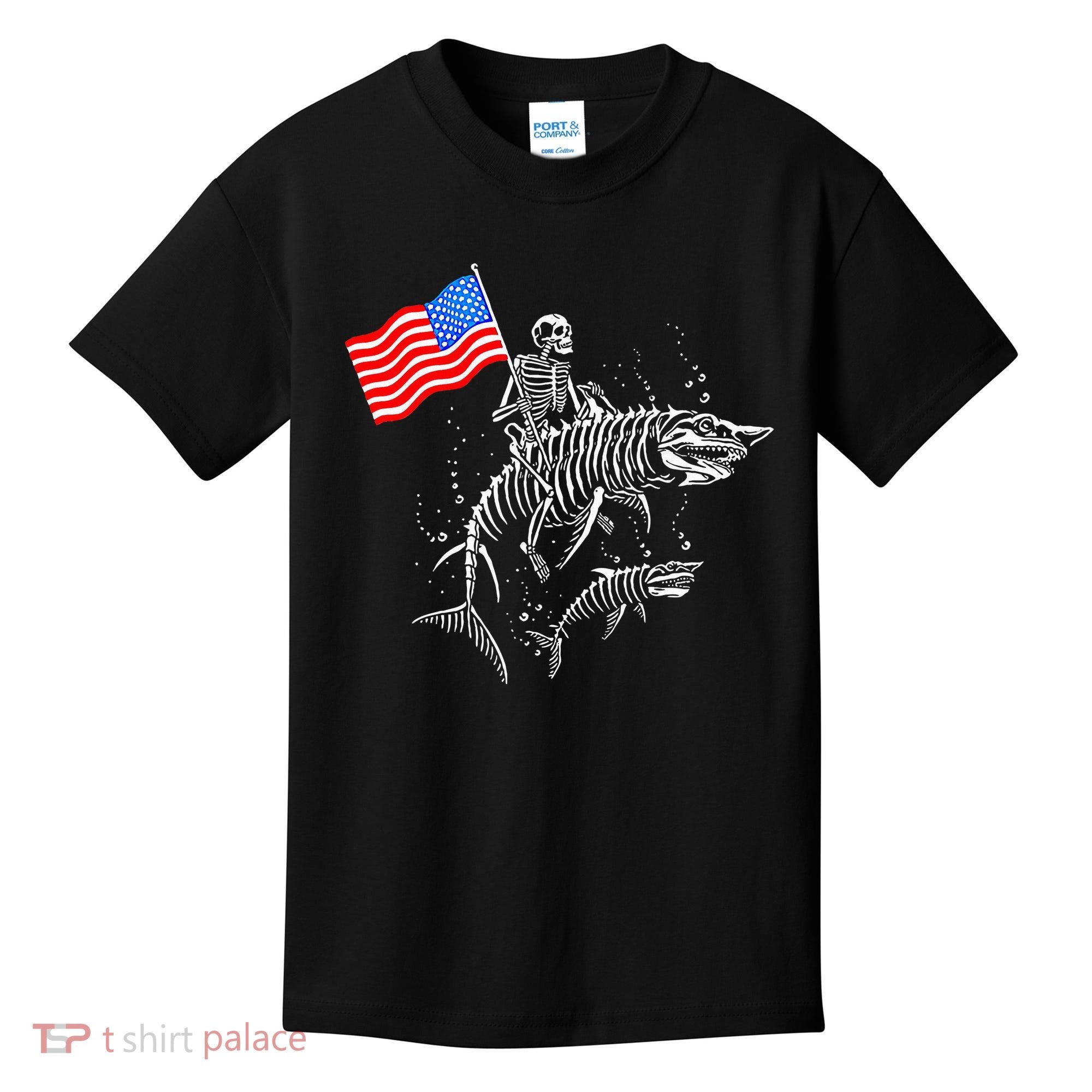 Skeleton Ride Shark 4th Of July Kids T-Shirt