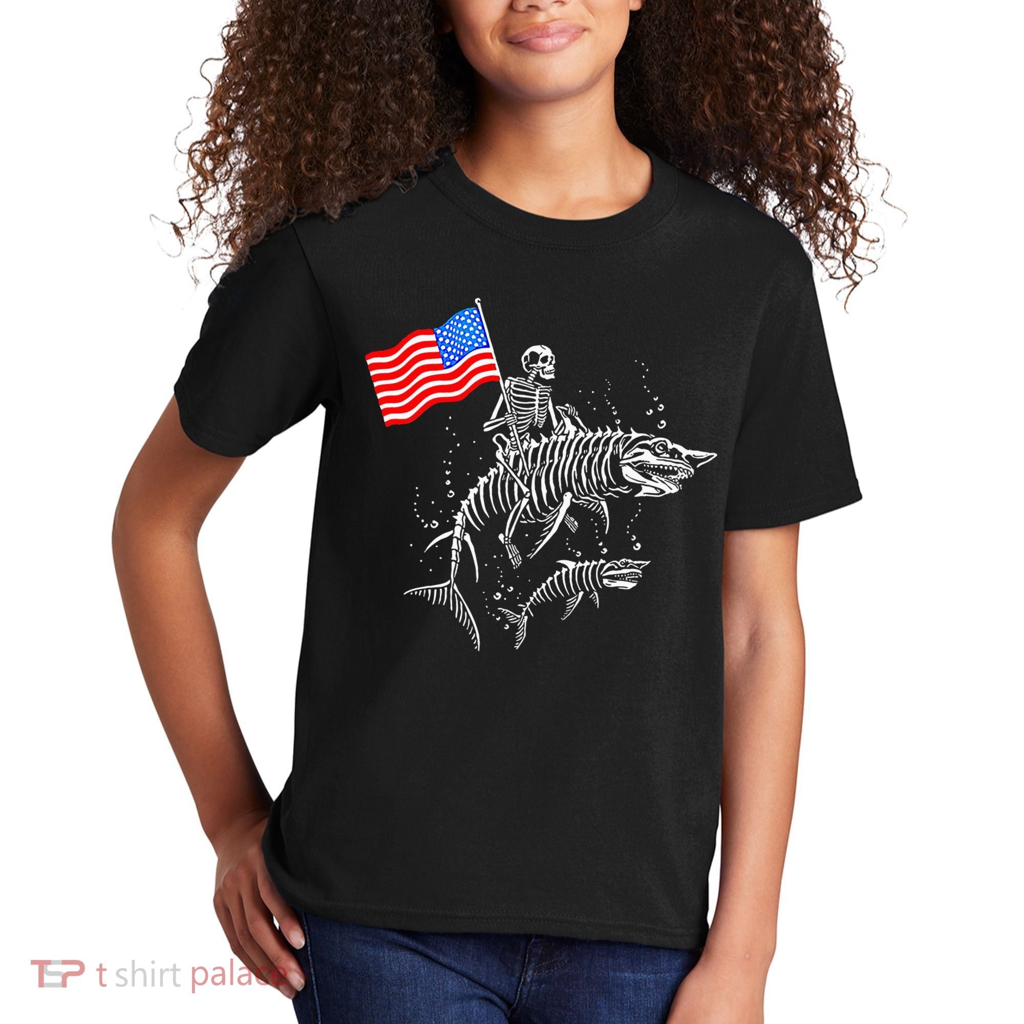 Skeleton Ride Shark 4th Of July Kids T-Shirt