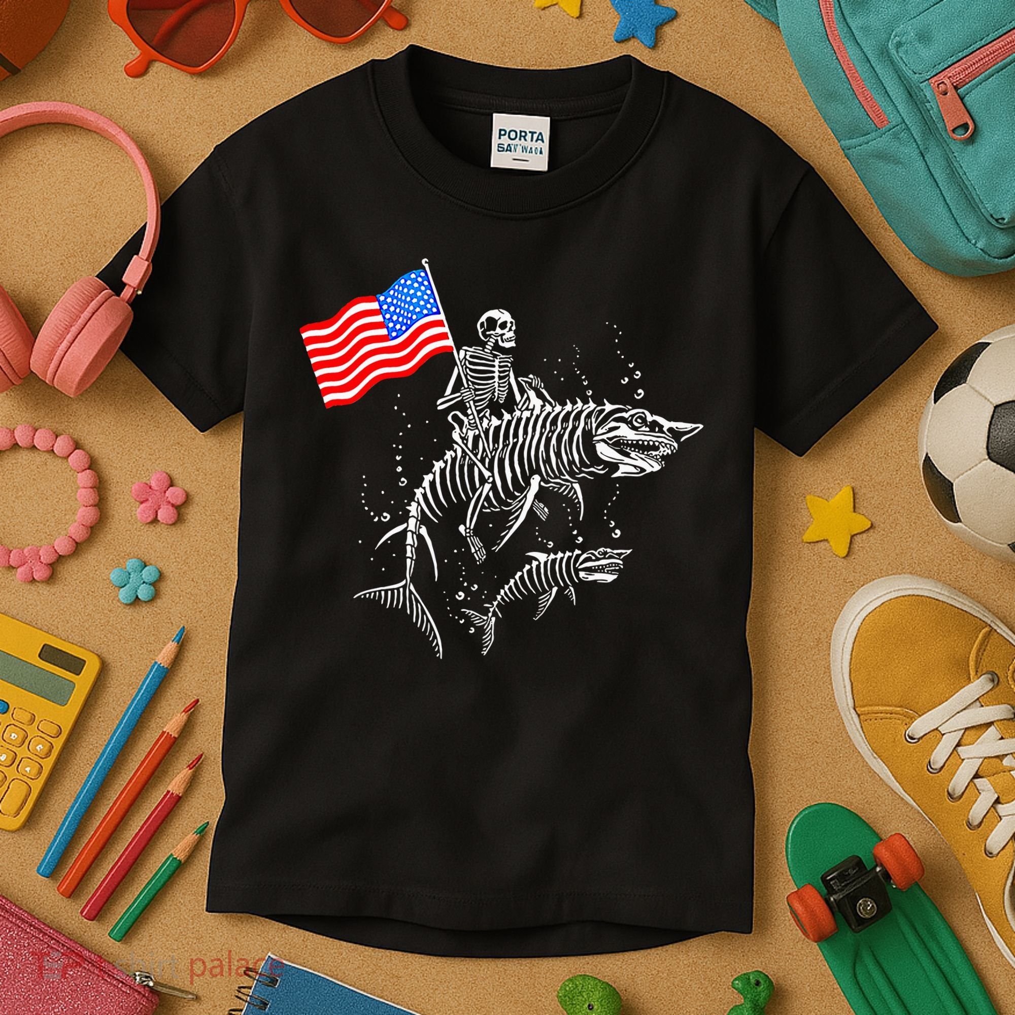 Skeleton Ride Shark 4th Of July Kids T-Shirt