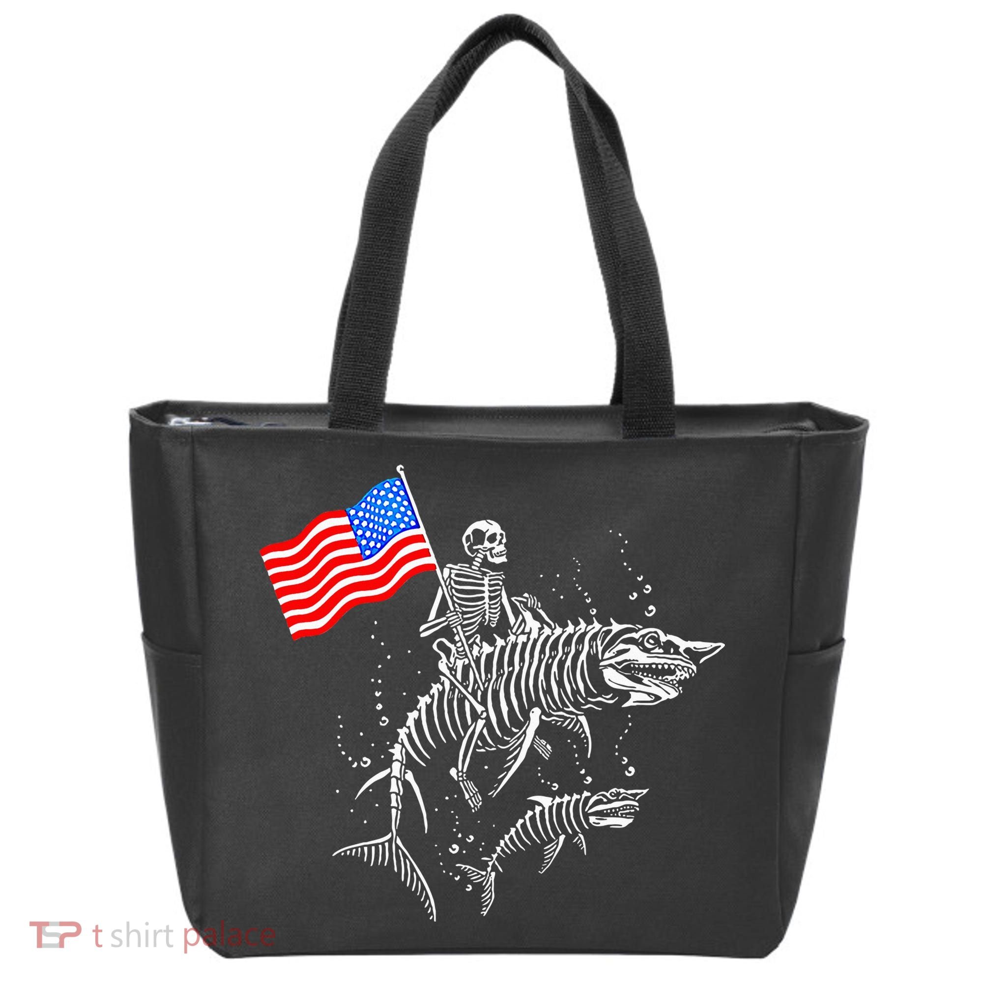 Skeleton Ride Shark 4th Of July Tote Bag