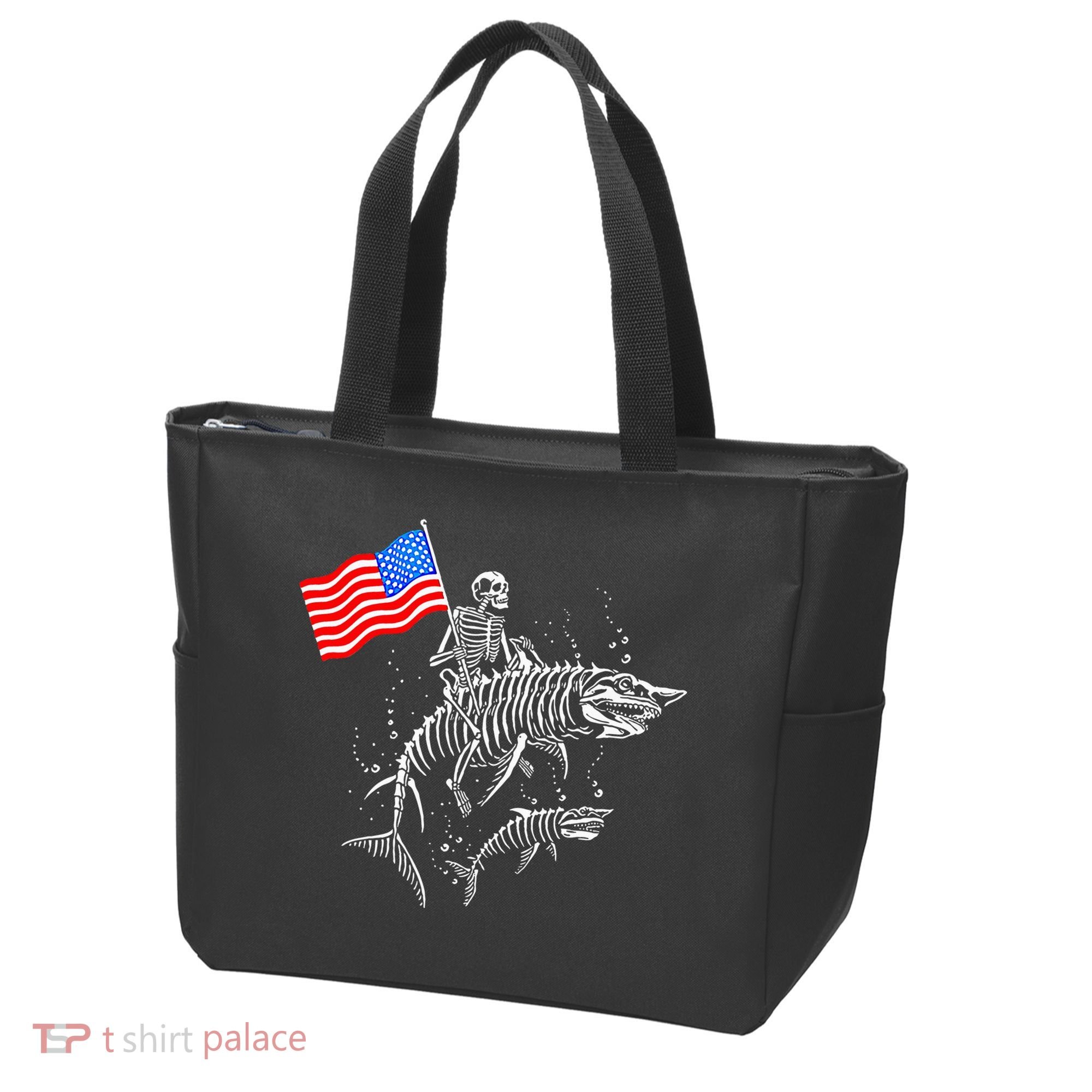 Skeleton Ride Shark 4th Of July Tote Bag