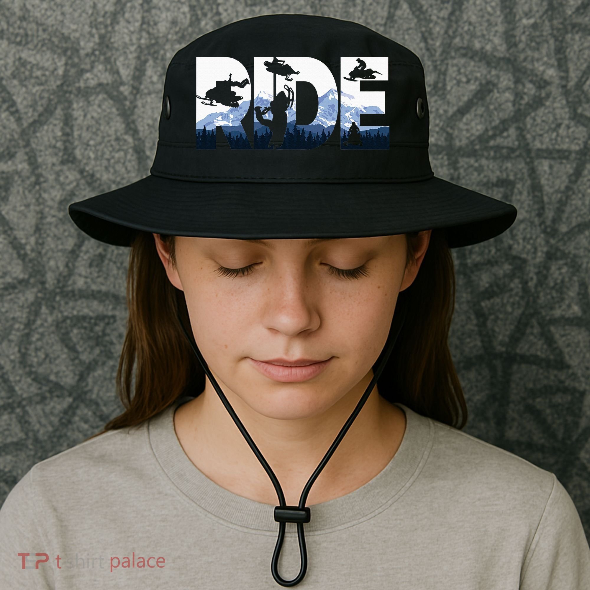 Snowmobile Ride Snow Mountain Snowmobiling Winter Sport Bucket Hat