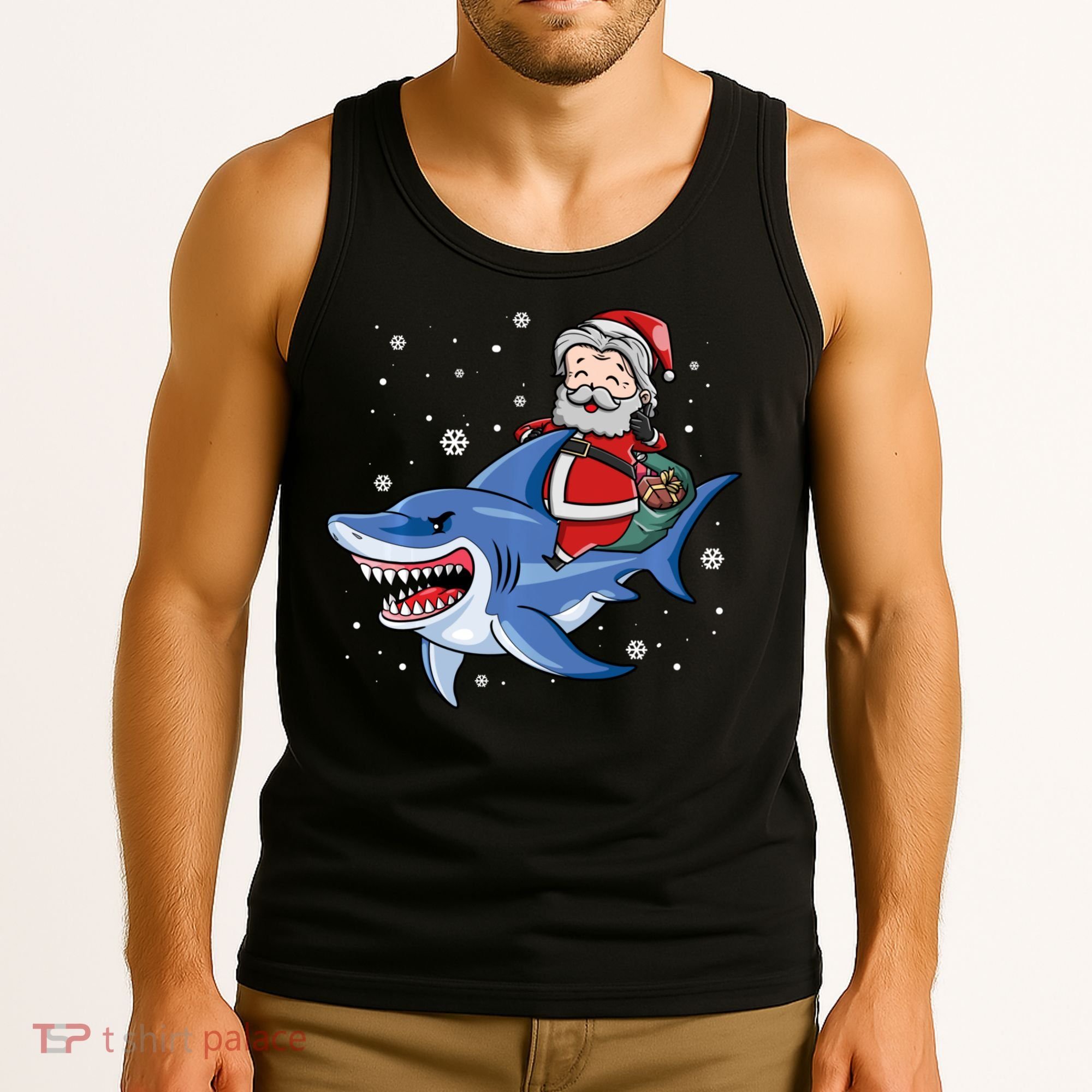 Santa Riding Shark Christmas Pajamas Tank Top