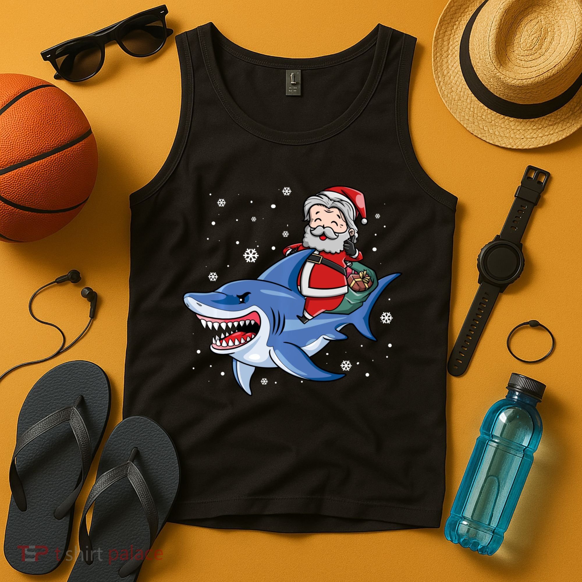 Santa Riding Shark Christmas Pajamas Tank Top