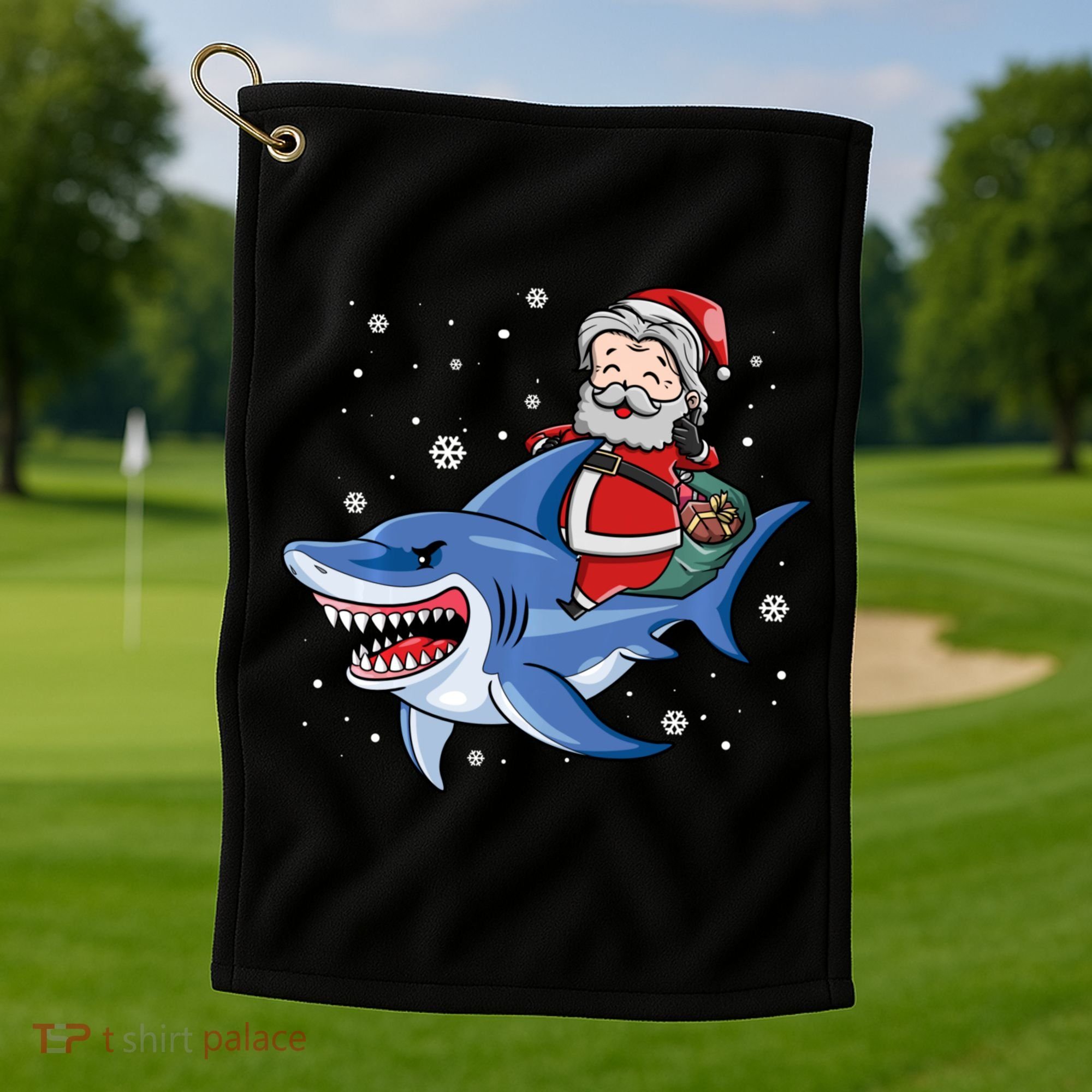 Santa Riding Shark Christmas Pajamas Golf Towel