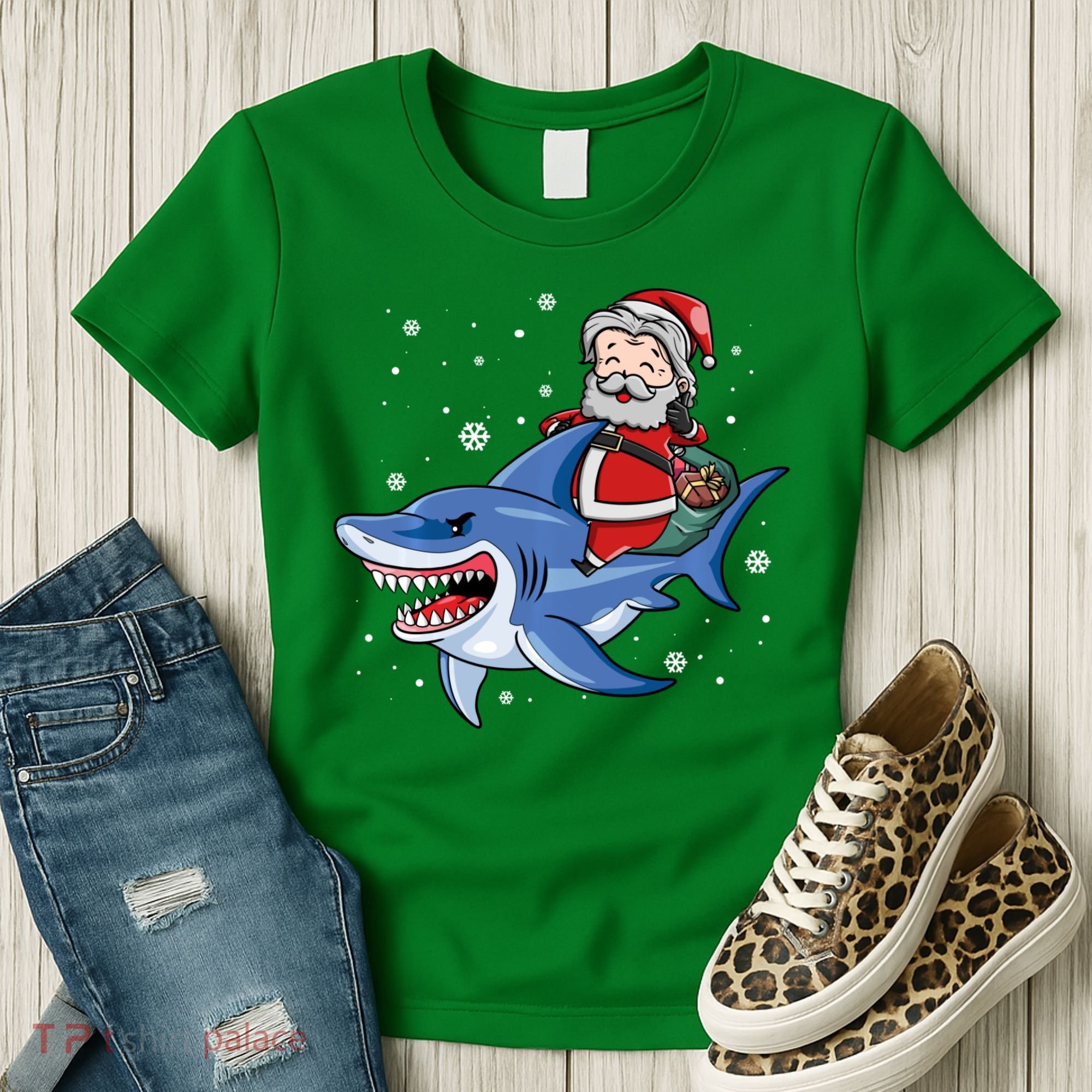 Santa Riding Shark Christmas Pajamas Women's T-Shirt