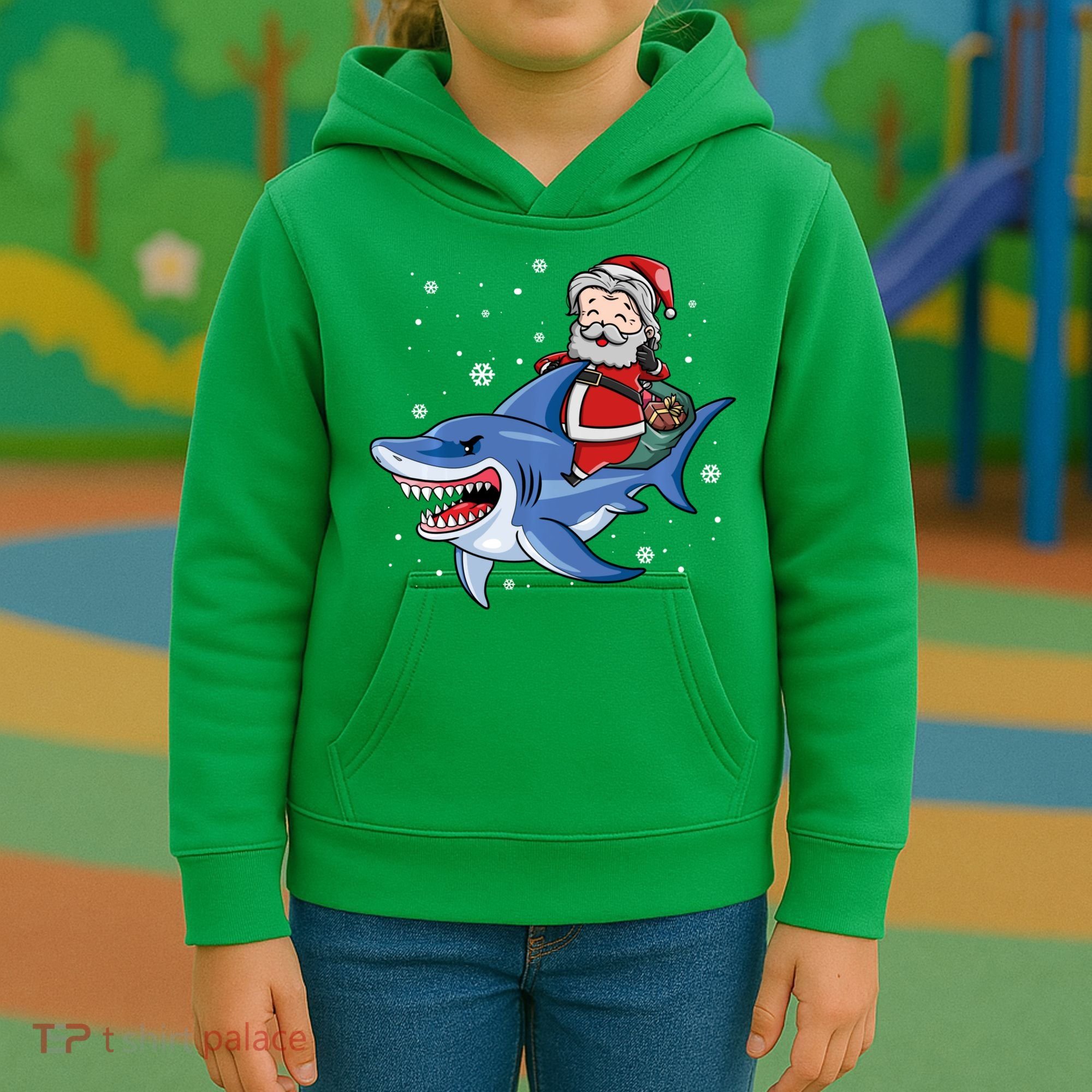Santa Riding Shark Christmas Pajamas Kids Hoodie