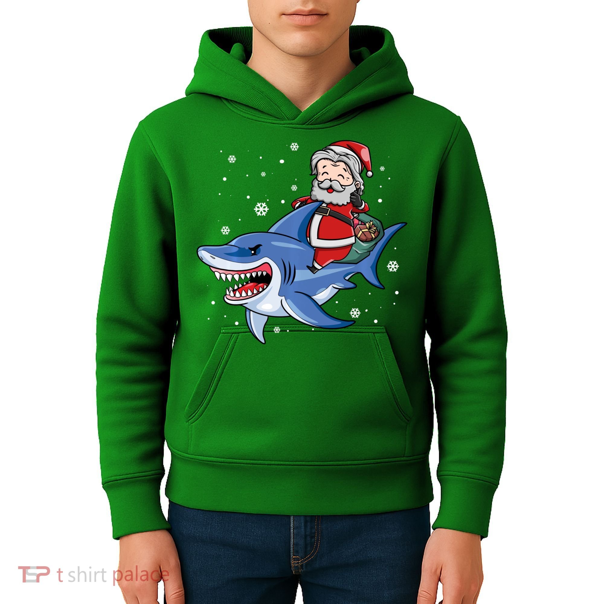 Santa Riding Shark Christmas Pajamas Kids Hoodie