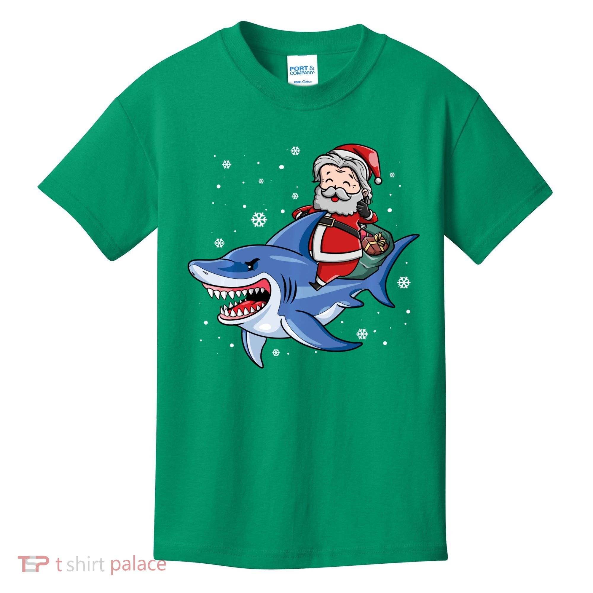 Santa Riding Shark Christmas Pajamas Kids T-Shirt