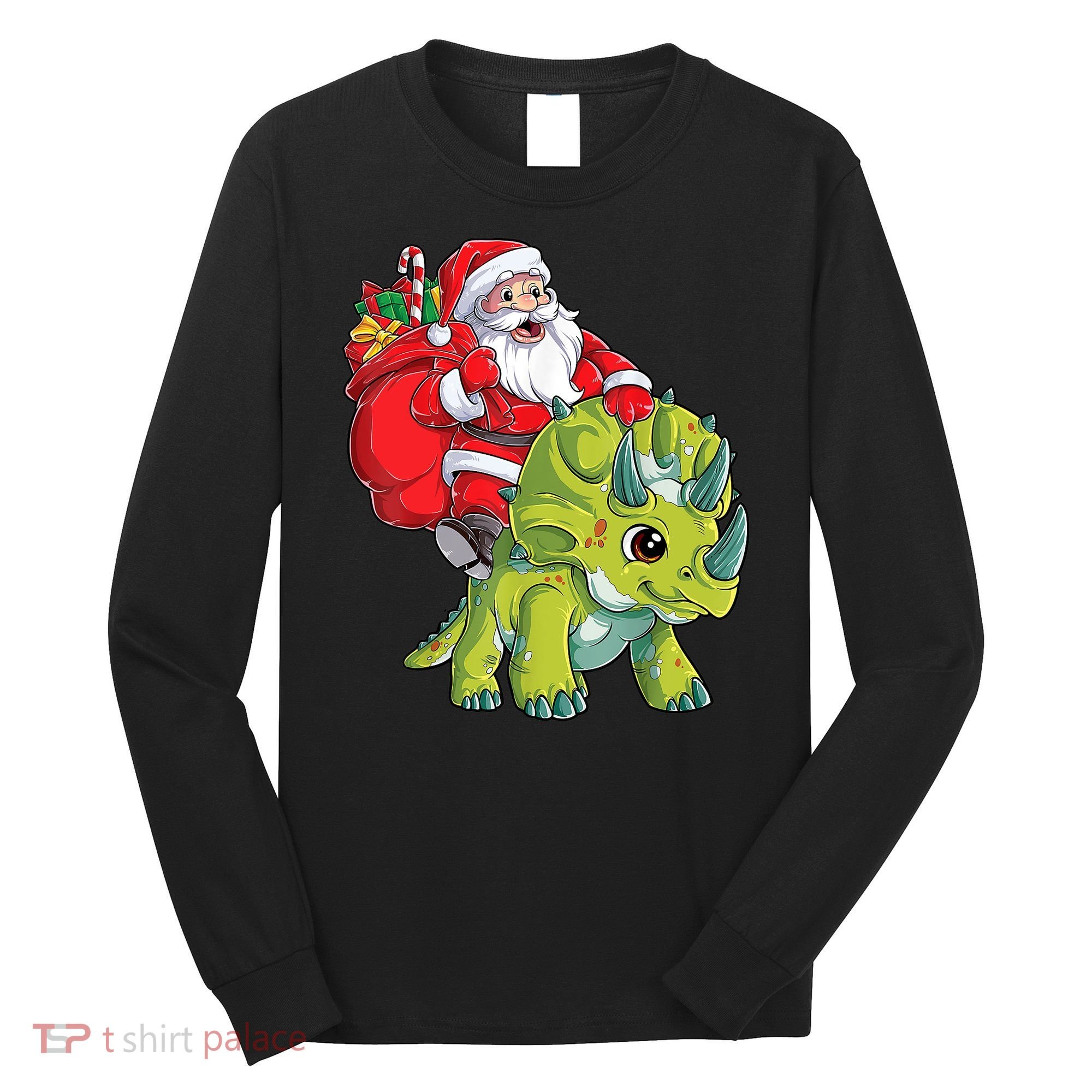 Santa Riding Triceratops Dinosaur Christmas Boys Xmas Squad Long Sleeve Shirt