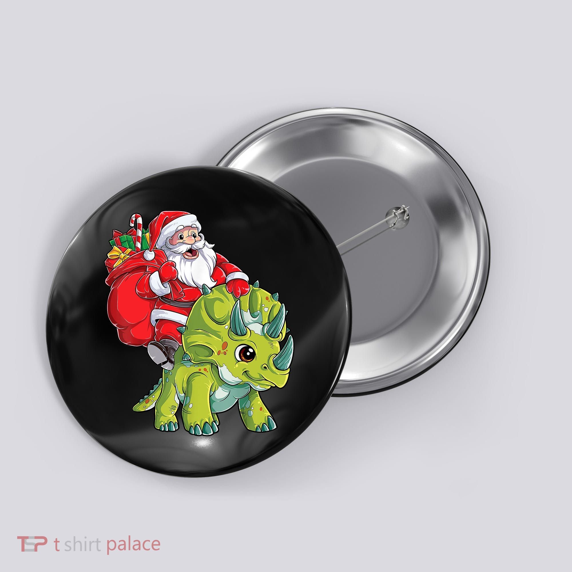 Santa Riding Triceratops Dinosaur Christmas Boys Xmas Squad Button