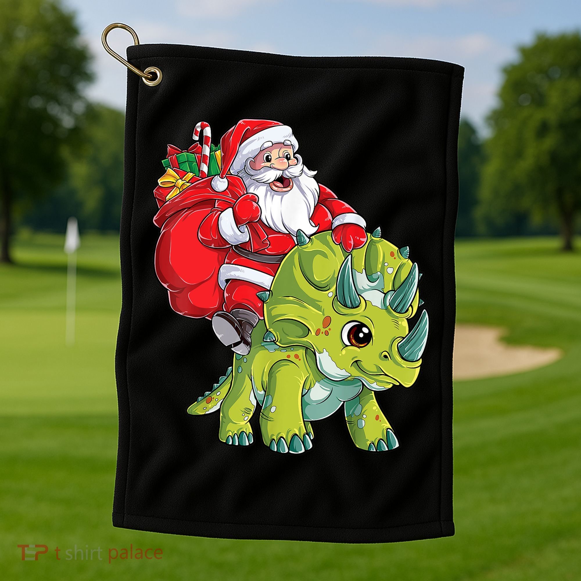 Santa Riding Triceratops Dinosaur Christmas Boys Xmas Squad Golf Towel