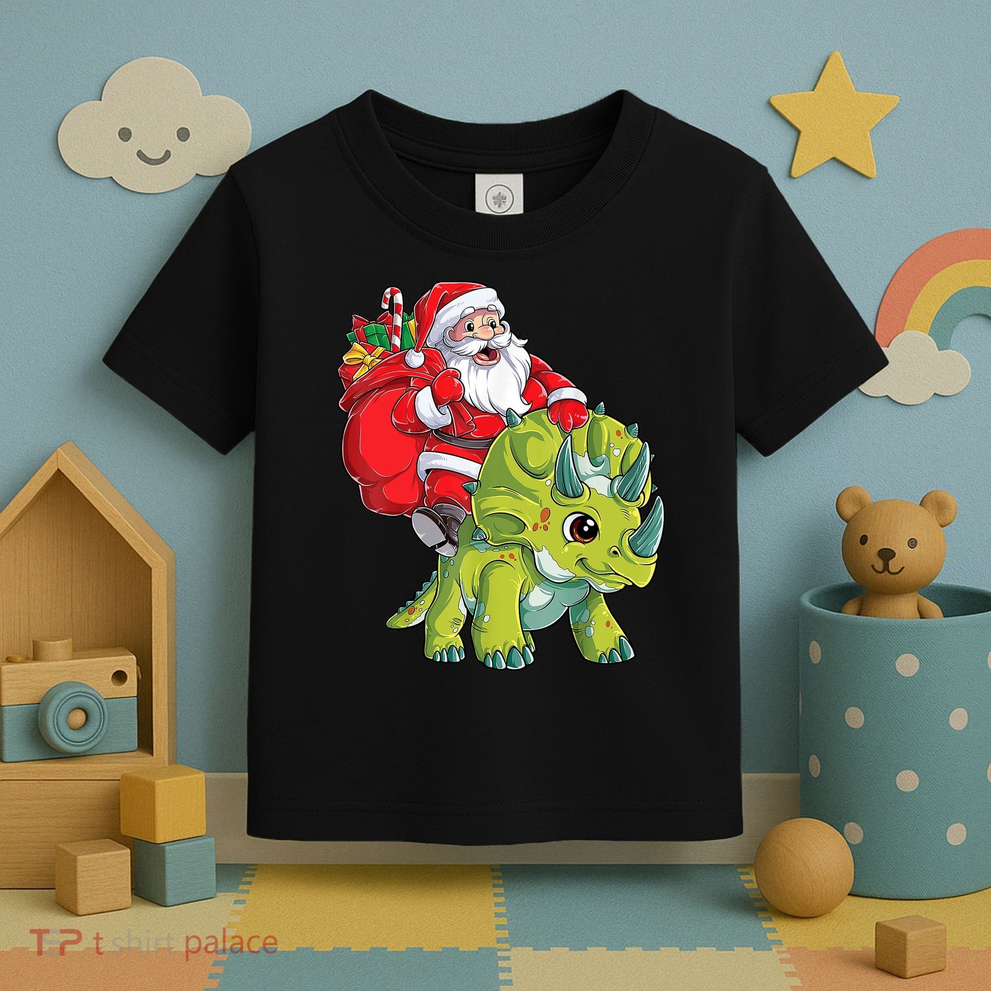 Santa Riding Triceratops Dinosaur Christmas Boys Xmas Squad Toddler T-Shirt