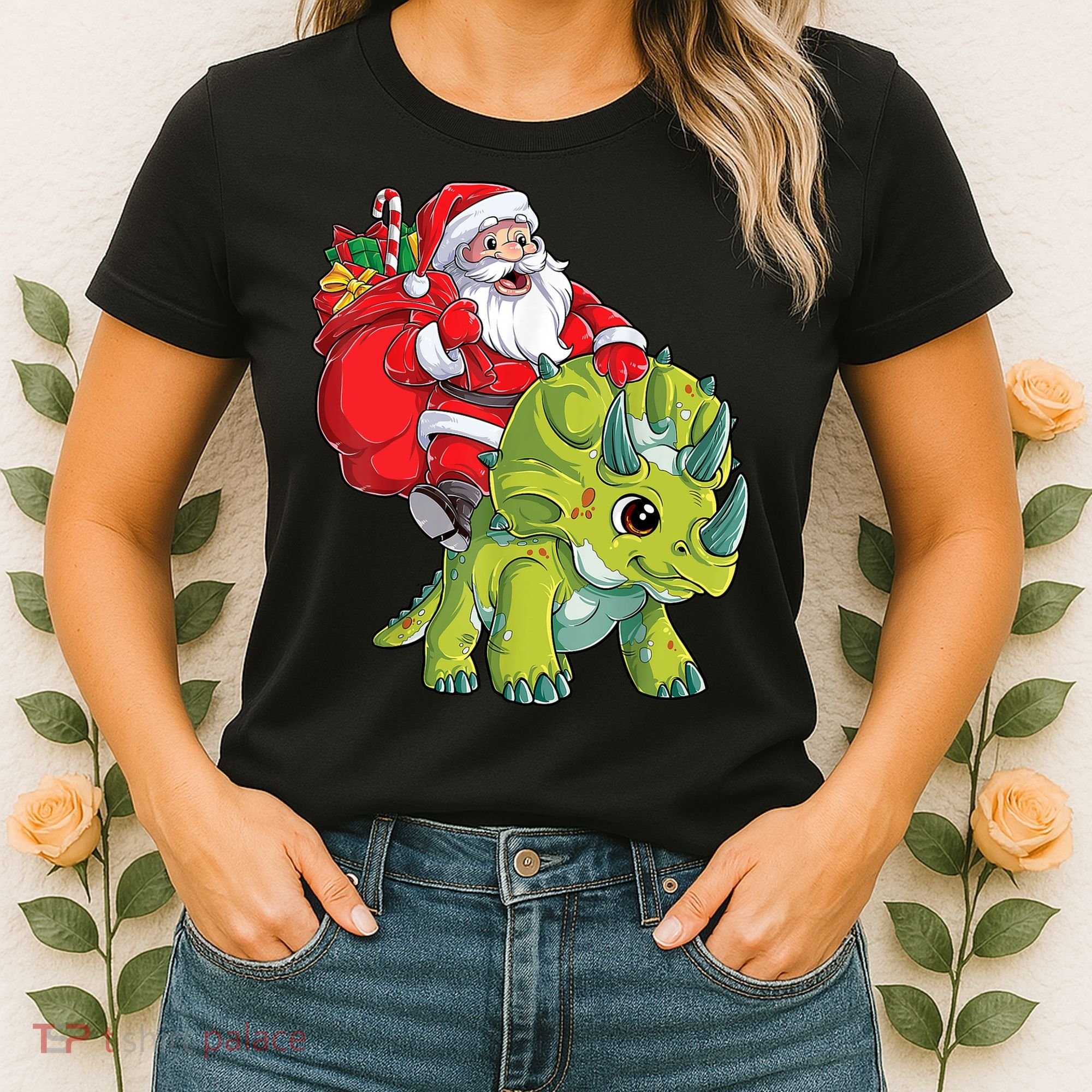 Santa Riding Triceratops Dinosaur Christmas Boys Xmas Squad Women's T-Shirt