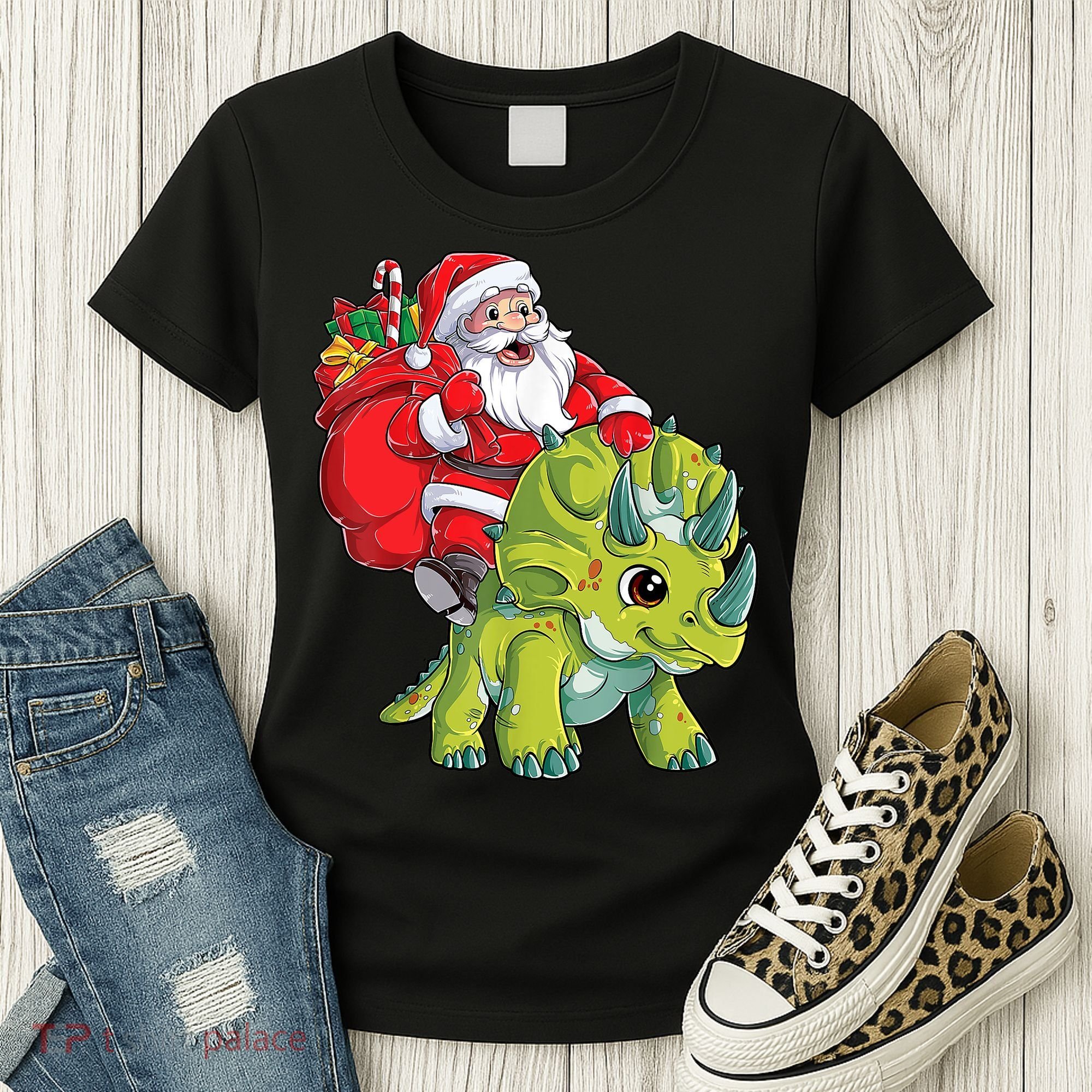 Santa Riding Triceratops Dinosaur Christmas Boys Xmas Squad Women's T-Shirt