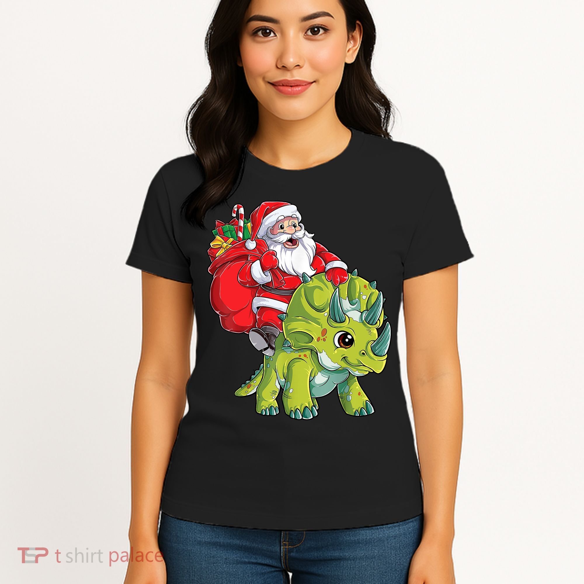 Santa Riding Triceratops Dinosaur Christmas Boys Xmas Squad Women's T-Shirt