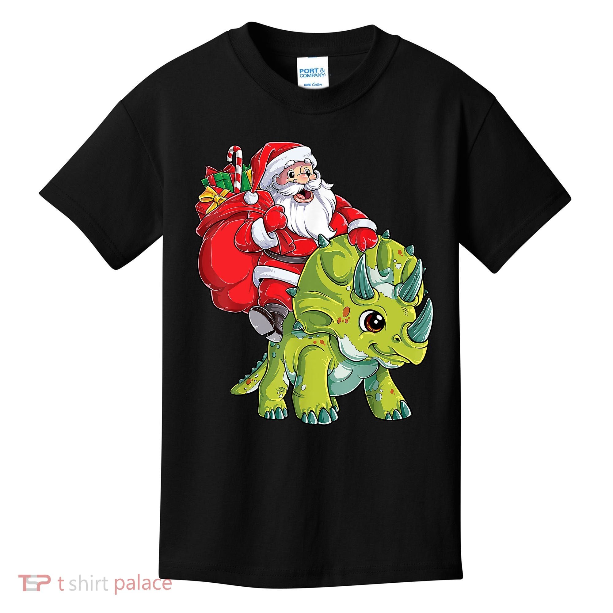 Santa Riding Triceratops Dinosaur Christmas Boys Xmas Squad Kids T-Shirt